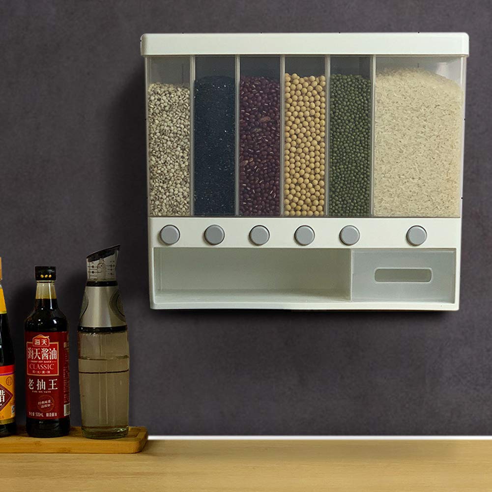 6-Grid Wall-Mounted Whole Grain Rice Storage Container - Dry Food Dispenser for Rice, Cereals & Dried Fruits | Space-Saving Kitchen Organizer for Pantry & Countertop Use