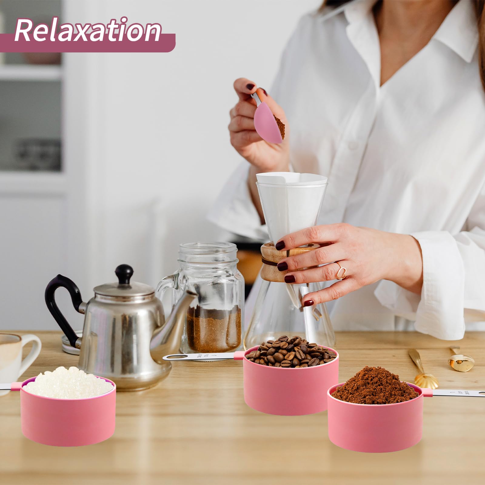 **Stainless Steel Measuring Cups and Spoons Set - Nesting Dry & Liquid Measuring Cups with Plastic Handle - Baking & Cooking Essentials for Kitchen (Pink)**    Perfect for measuring flour, sugar, spices, oils, and liquids – ideal for baking, meal prep, and home cooking.