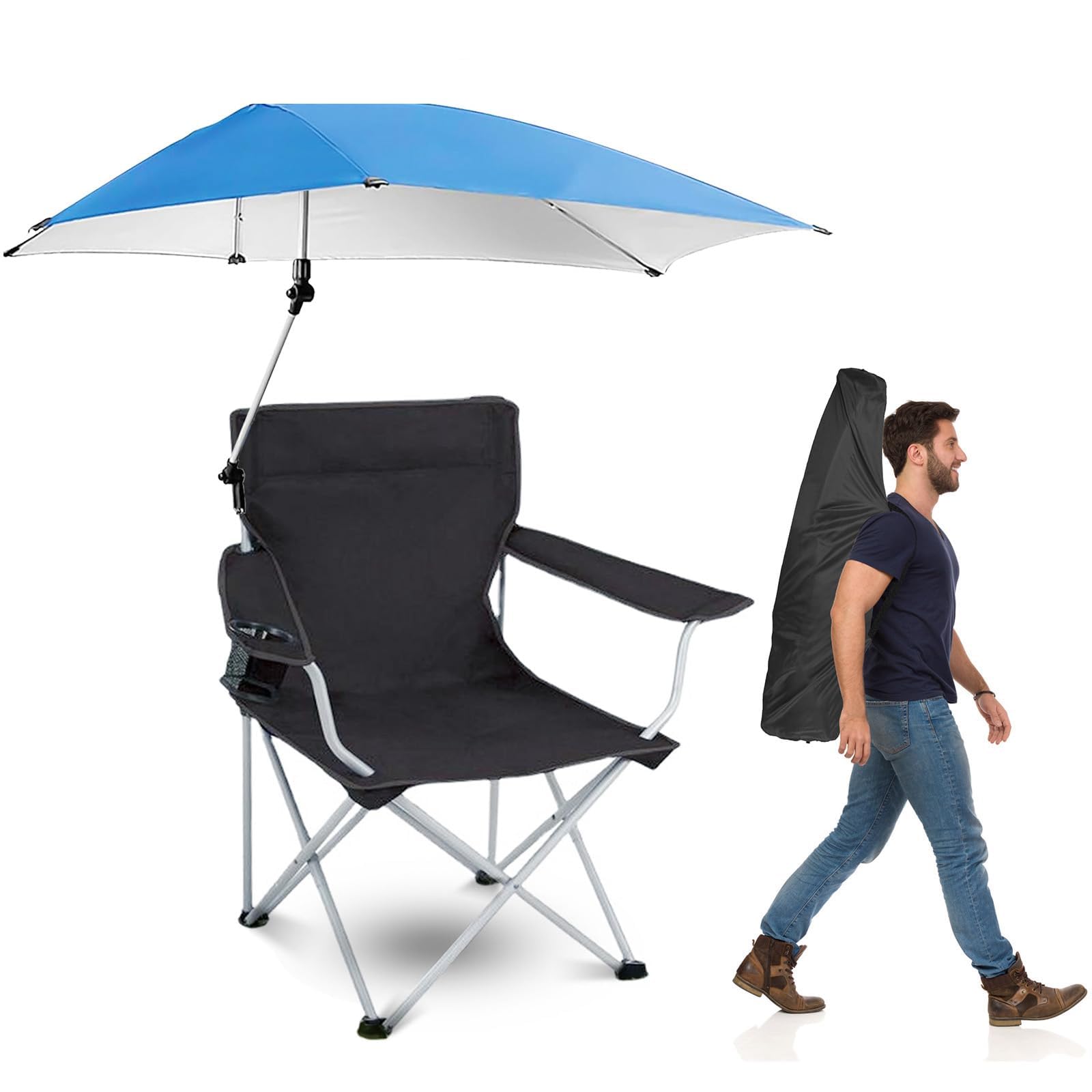 UPF 50+ Adjustable Beach Chair with Sun Umbrella - Portable Folding Outdoor Recliner for Adults, Camping, Hiking & Beach - Includes Cup Holder & Carry Bag - Supports 350 lbs (US Stock) - Perfect for Relaxing at the Shore, Poolside Lounging & Outdoor Adventures