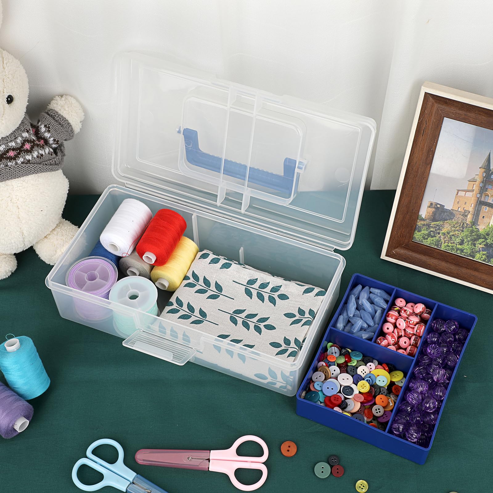 BTSKY Clear Plastic Storage Box with Removable Tray - Multipurpose Organizer for Stationery, Sewing Supplies, Art & Craft Materials - Portable Home Utility Box with Handle (Blue) - Perfect for Office, Craft Room & Home Organization