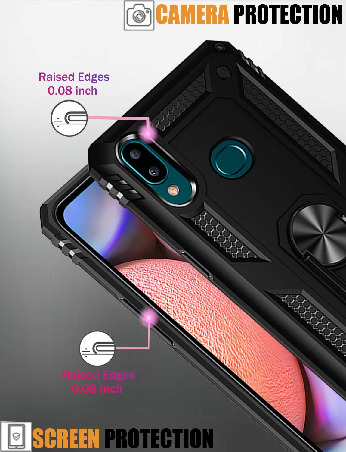 Military Grade Protective Case for Samsung Galaxy A10S with Magnetic Car Mount & Kickstand - Shockproof Defender Cover for Everyday Use, Commuting, and Hands-Free Driving (Black)