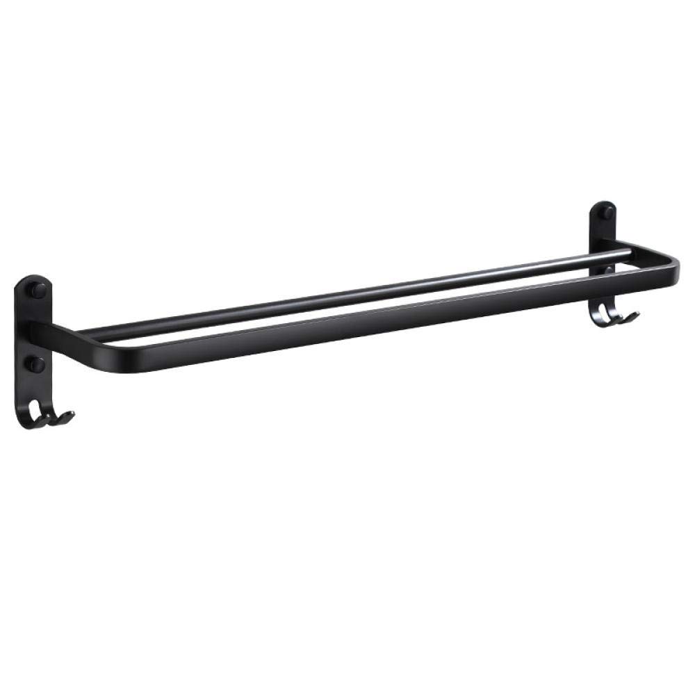 Black Aluminum Double Rod Towel Rack with Hooks - 60CM Wall Mounted Bathroom Towel Holder, Space Saving Hotel Shelf for Towels & Robes - Perfect for Bathroom, Kitchen, Laundry Room Organization