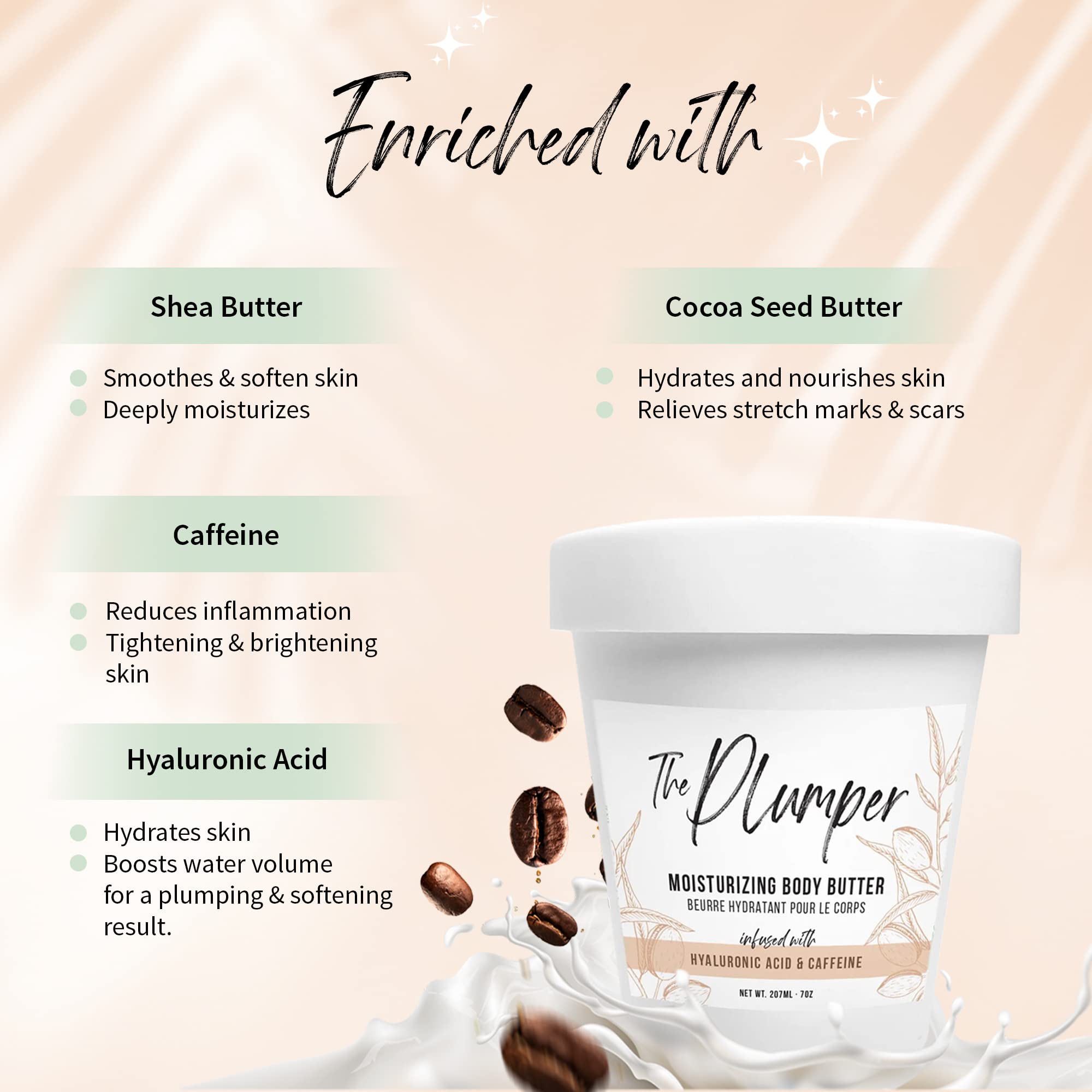 **Plumper Moisturizing Body Butter & Lotion for Dry Skin - Shea Butter, Cocoa Butter, Hyaluronic Acid & Caffeine - Firm & Smooth Skin Care - Perfect for Daily Hydration & Post-Shower Use**