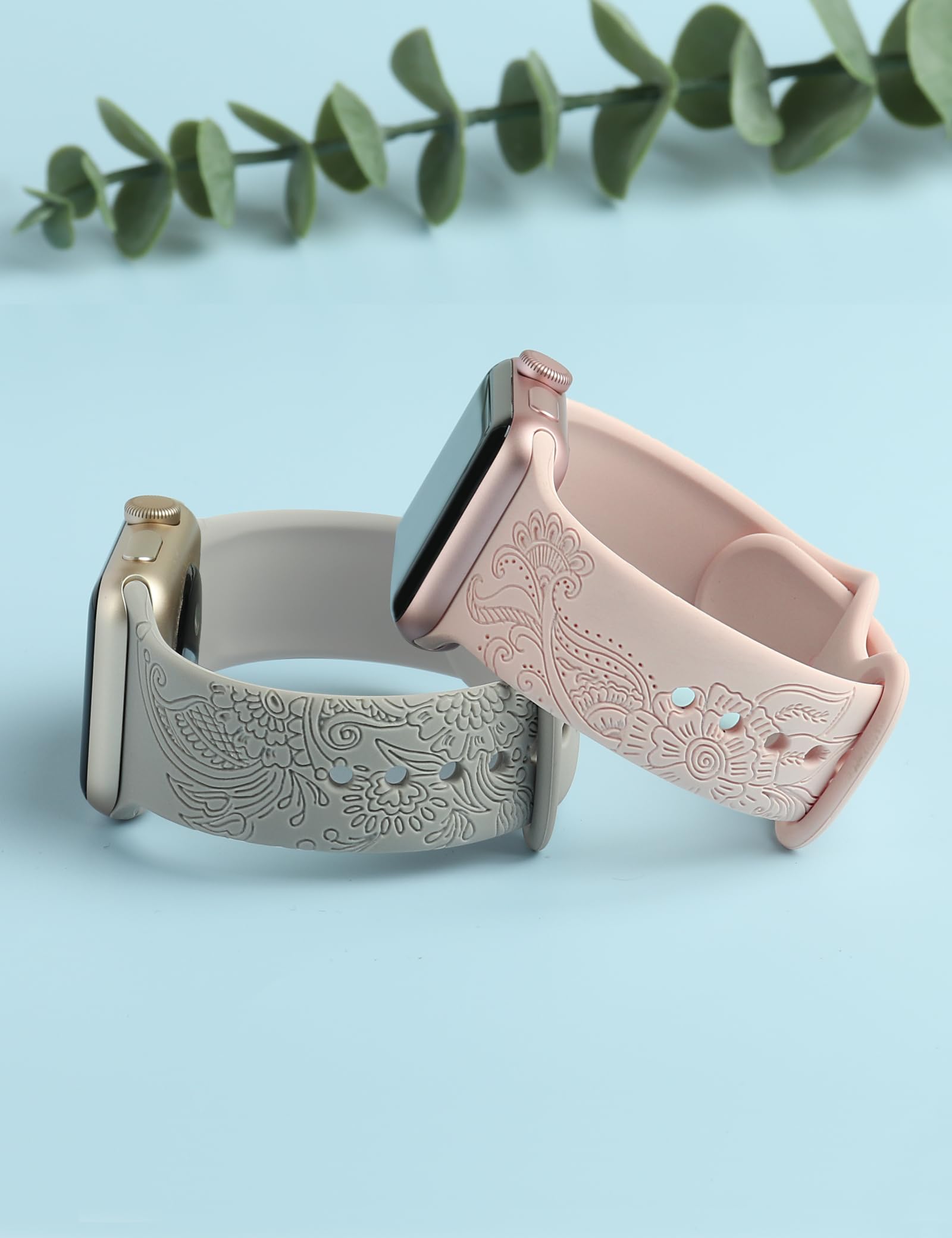 2 Pack Floral Engraved Silicone Replacement Bands for Apple Watch 38mm 40mm 41mm 42mm 44mm 45mm 49mm - Compatible with iWatch Series 8/7/6/5/4/3/2/1/SE/Ultra - Stylish & Durable Watch Strap for Women & Men - Perfect for Workouts, Office & Everyday Wear