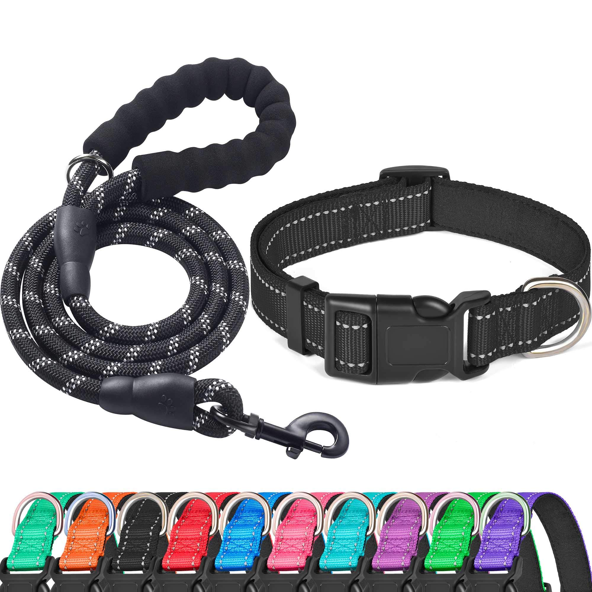 Reflective Adjustable Nylon Dog Collar with Soft Neoprene Padding - Breathable & Comfortable for Small, Medium & Large Dogs - Black Collar & Leash Set (Pack of 1) - Perfect for Night Walks, Training & Outdoor Adventures