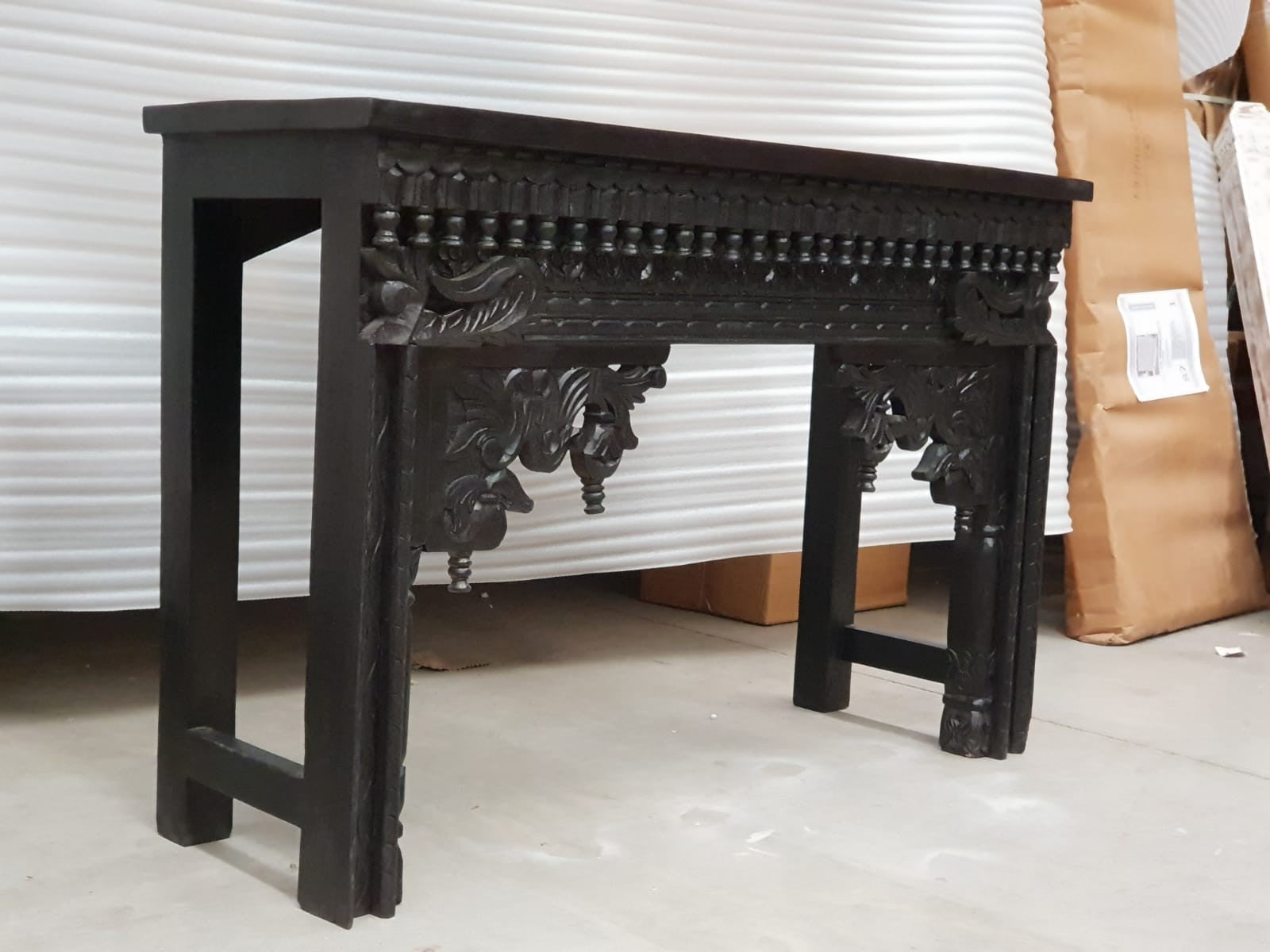 Hand Carved Solid Wood Console Table - Indian Black Wooden Entryway Hall Table for Living Room, Foyer & Home Decor