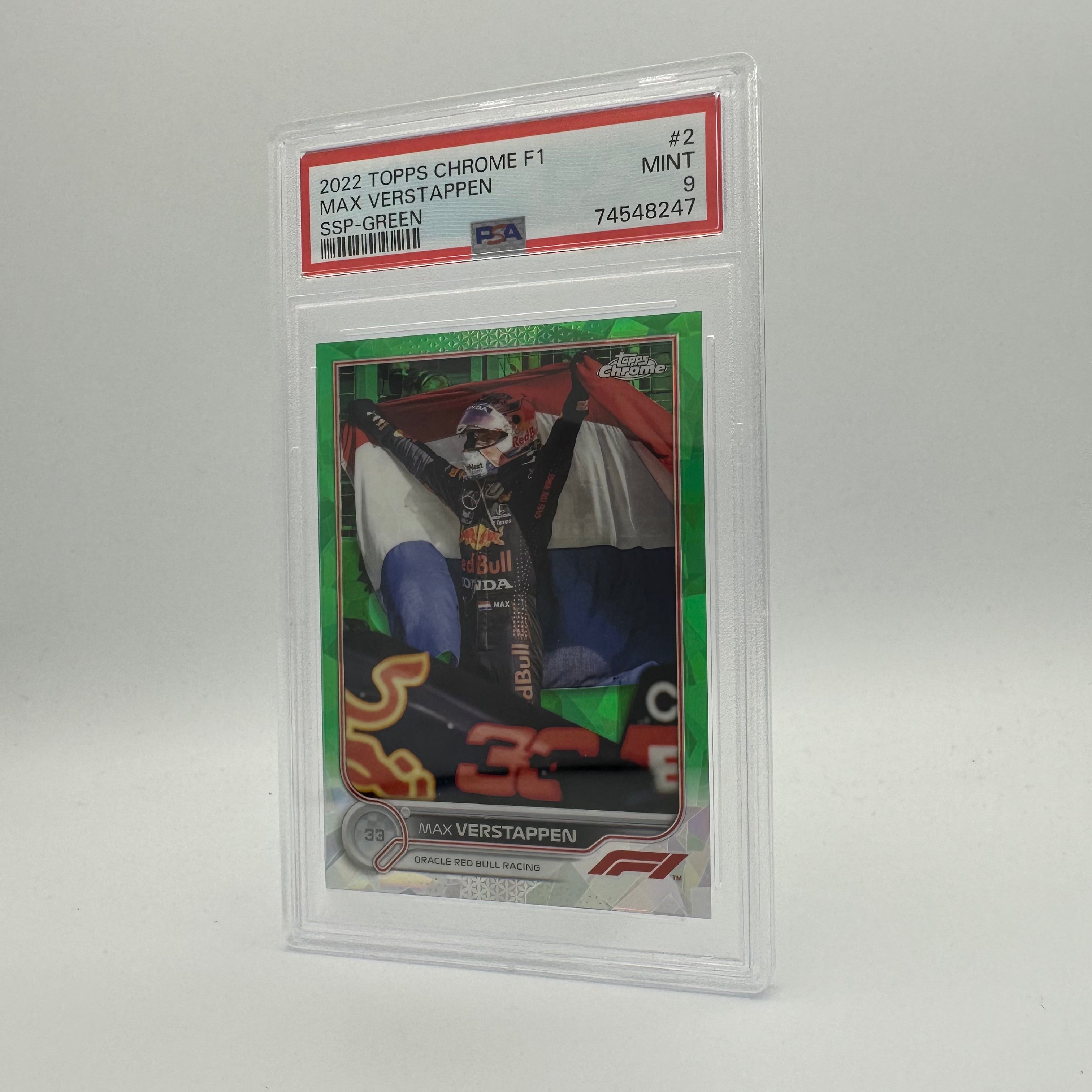 PSA 9 Graded 70/75 MAX VERSTAPPEN #2 SAPPHIRE EDITION SSP GREEN - Rare Collectible Trading Card for F1 Fans and Sports Memorabilia Enthusiasts
