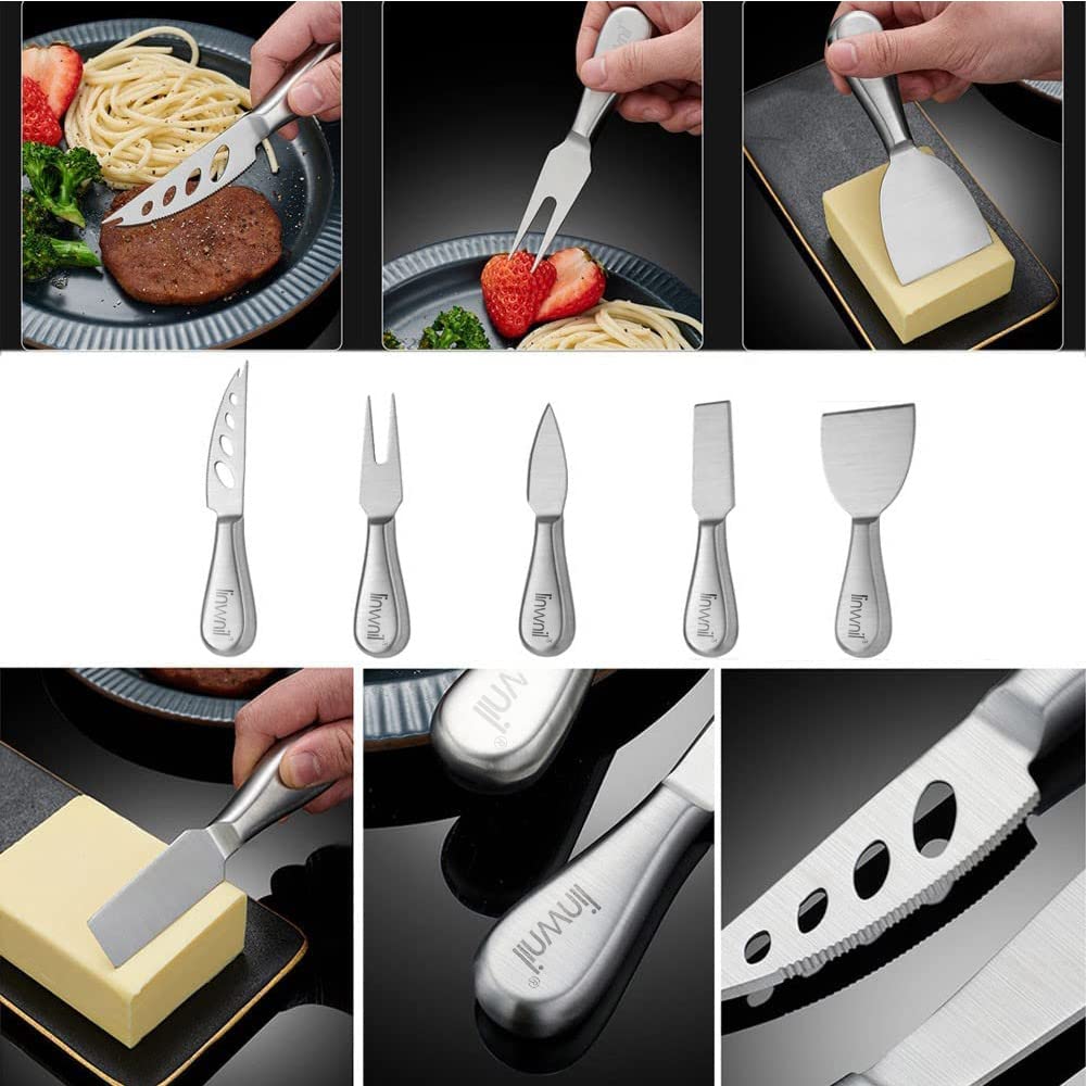 Premium 5-Piece Cheese Knife Set with Gift Box - Stainless Steel Cheese Butter Spreader & Slicer Knives, Includes 5 Coffee Spoons & 5 Fruit Forks - Perfect for Wine Parties, Charcuterie Boards & Gourmet Cheese Tasting