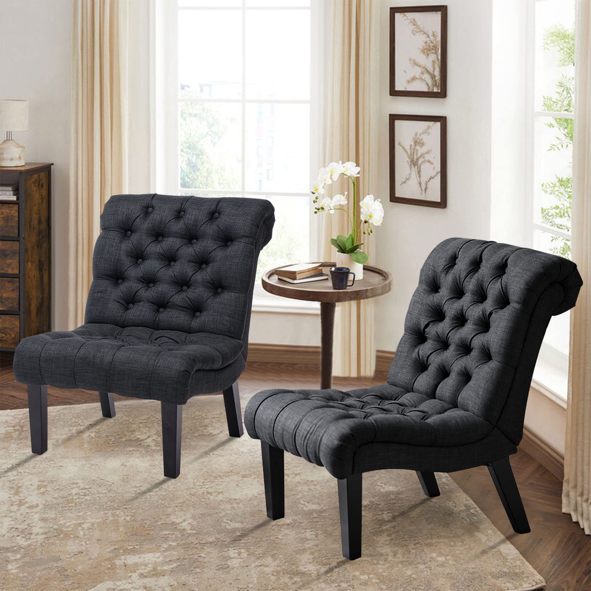 Yongqiang Accent Chair Set of 2 - Button Tufted Upholstered Fabric Chairs for Living Room, Bedroom & Office - Modern Gray Home Decor - Perfect for Reading Nooks, Guest Rooms and Small Spaces