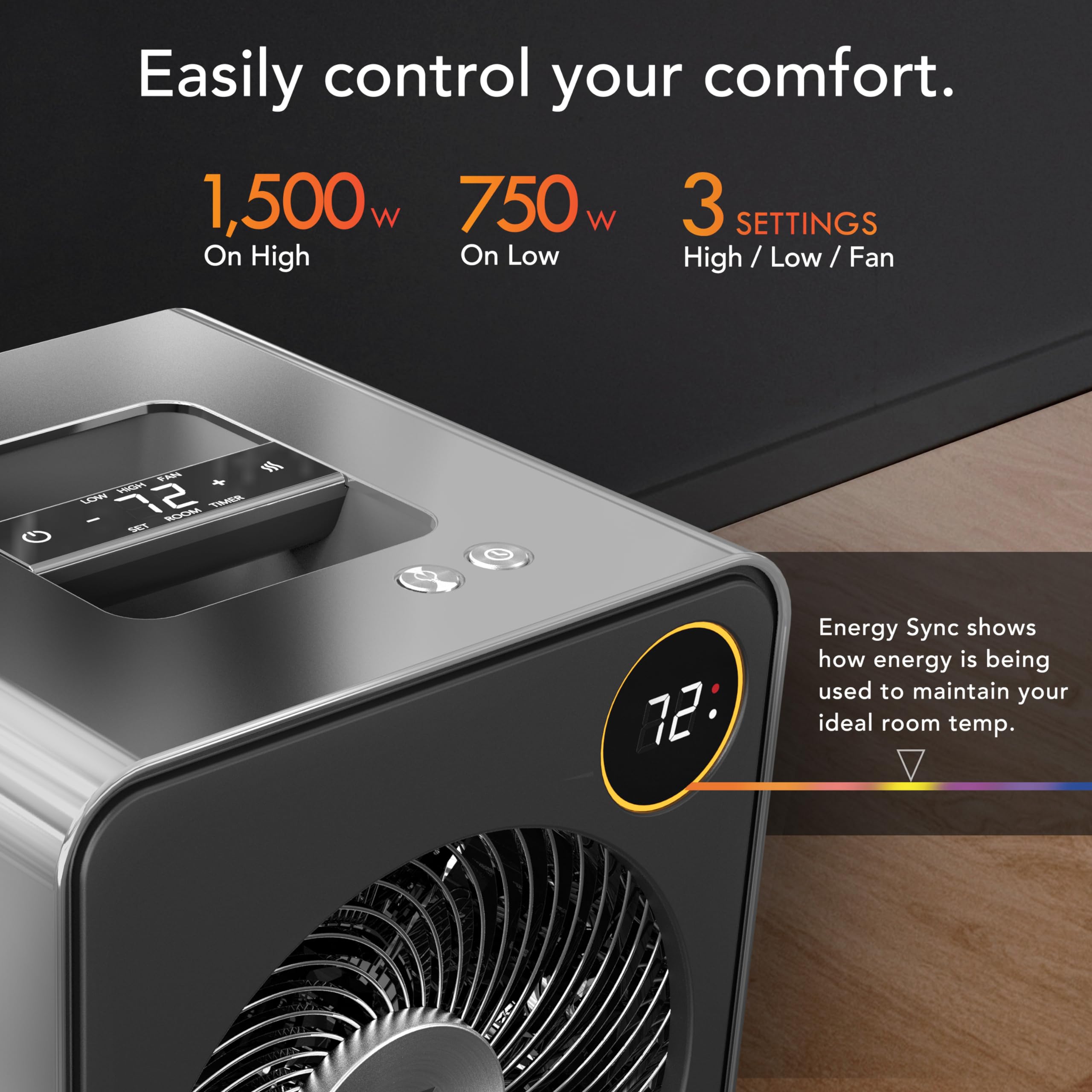 Vornado VMH600 Stainless Steel Whole Room Space Heater with Digital Thermostat & Remote Control - 1500W Energy Efficient Metal Heater for Living Room, Bedroom, Office & Home Use