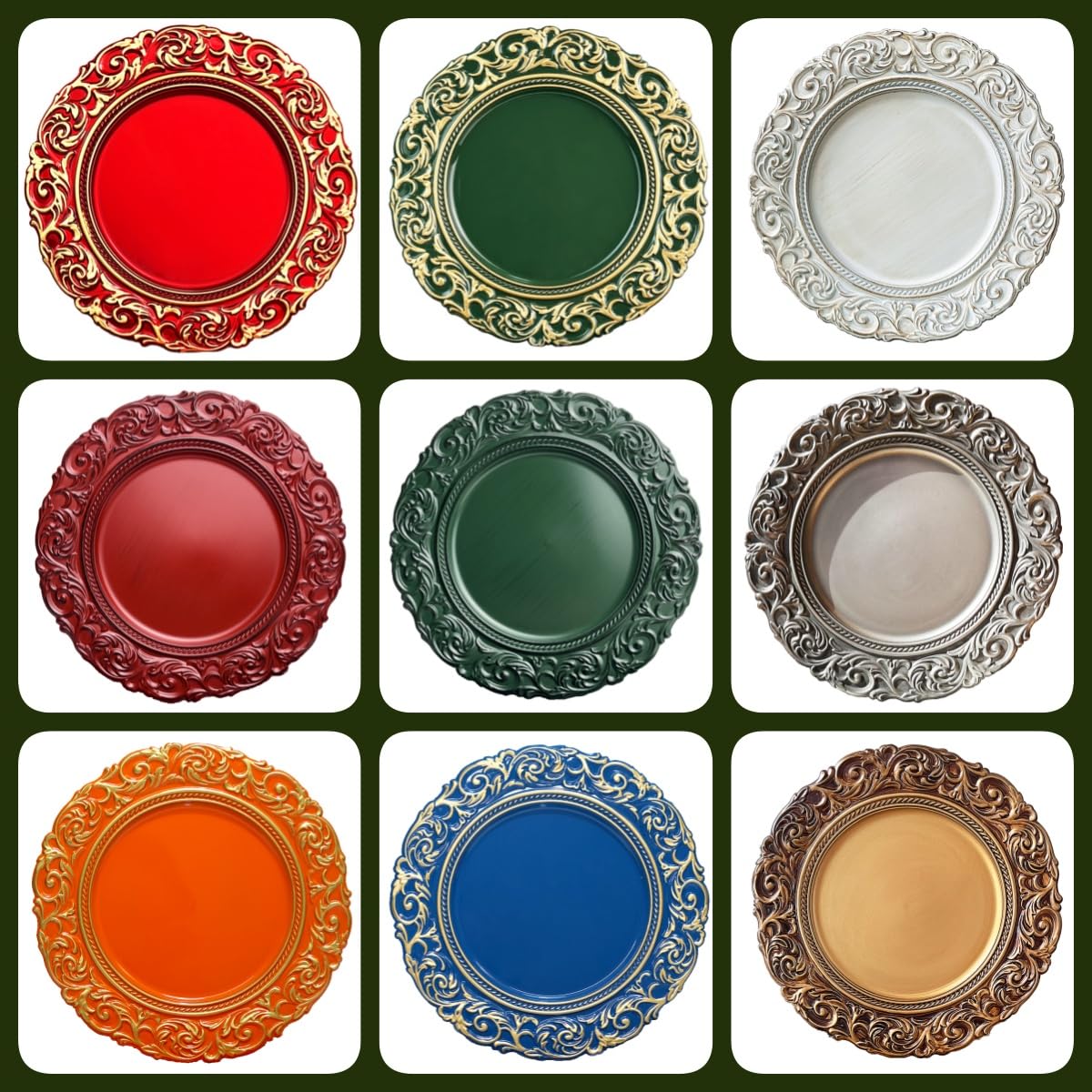 Antique Gold Charger Plates Set of 6 - 13 Inch Round Plastic Embossed Dinner Plate Chargers for Wedding, Party & Elegant Table Decor - Perfect for Formal Dining, Holiday Celebrations & Special Events