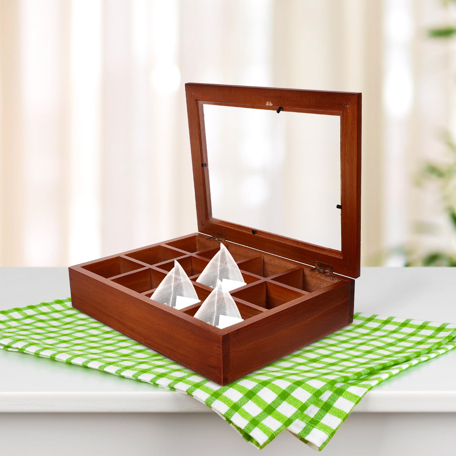 Premium Wooden Tea Box Organizer with Acrylic Window Lid - 12 Compartment Tea Bag Storage Chest for Coffee, Sugar, Sweeteners & Creamer (10.24 x 7.68 x 2.36 Inches) - Perfect for Kitchen Countertop, Pantry Organization & Gift Giving