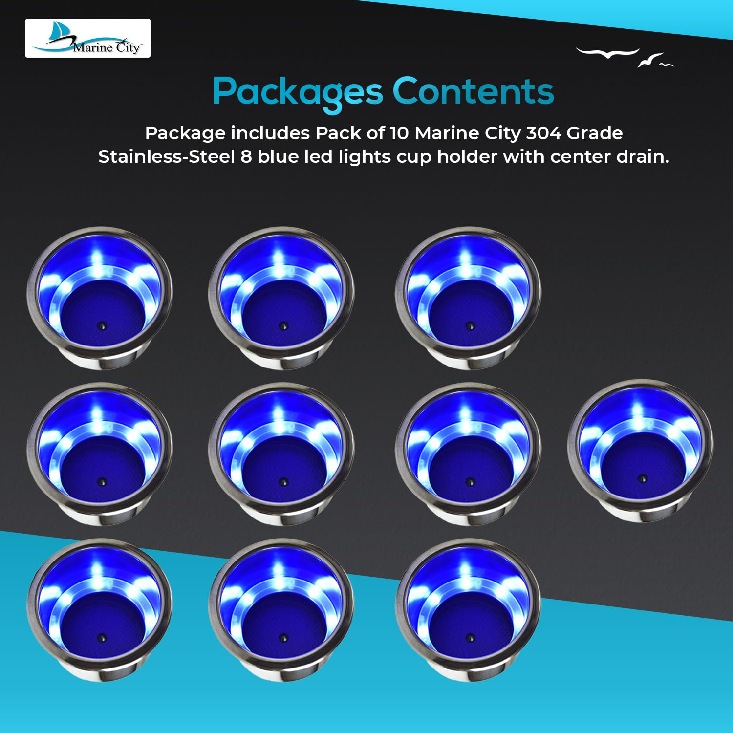 8 Blue LED Cup Holder with Drain – 304 Stainless Steel Marine Drink Holder, Corrosion-Resistant Boat Accessory for Yachts, Ships & Kayaks (10 Pack) – Perfect for Night Cruising & Party Lighting