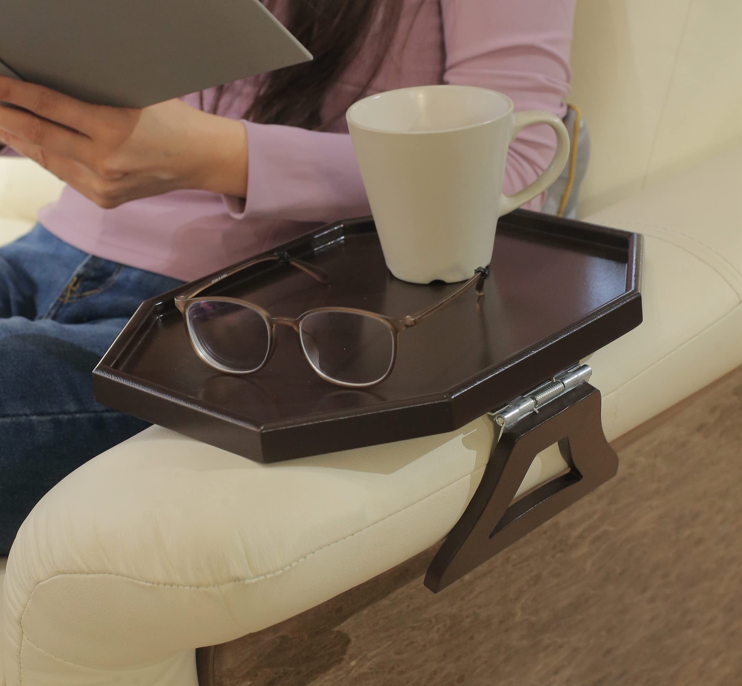 Wooden Recliner Armrest Tray - Clip-On Side Table for Sofa & Couch - Organizer for Coffee, Snacks, Remote & Electronics - Cherry Finish - Perfect for Living Room, Home Theater & Relaxation
