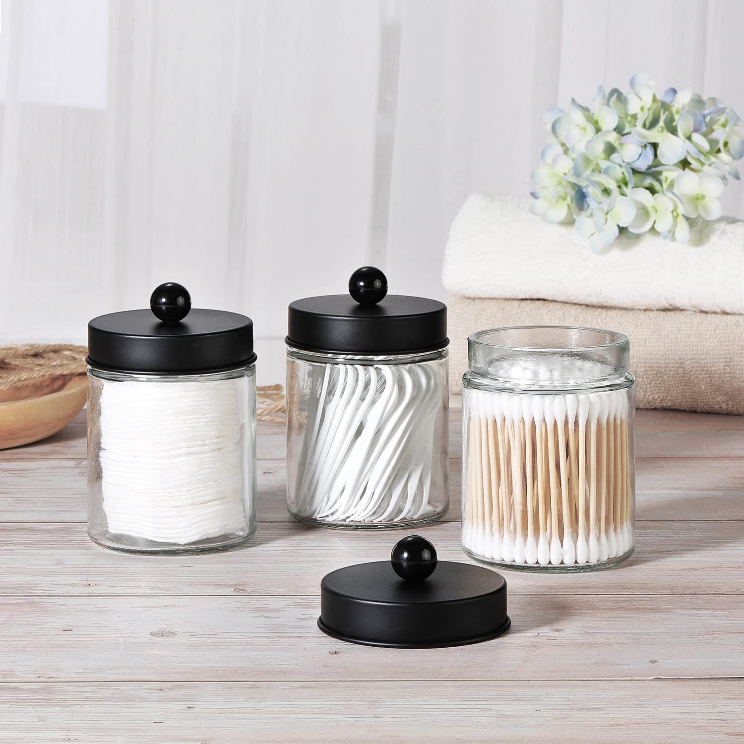 3-Pack Apothecary Jar Canisters with Stainless Steel Lids - Bathroom Vanity Organizer Set for Qtips, Cotton Swabs, Makeup Sponges & Dental Floss | Countertop Storage Containers with Decorative Stickers | Perfect for Home, Salon, and Spa Organization