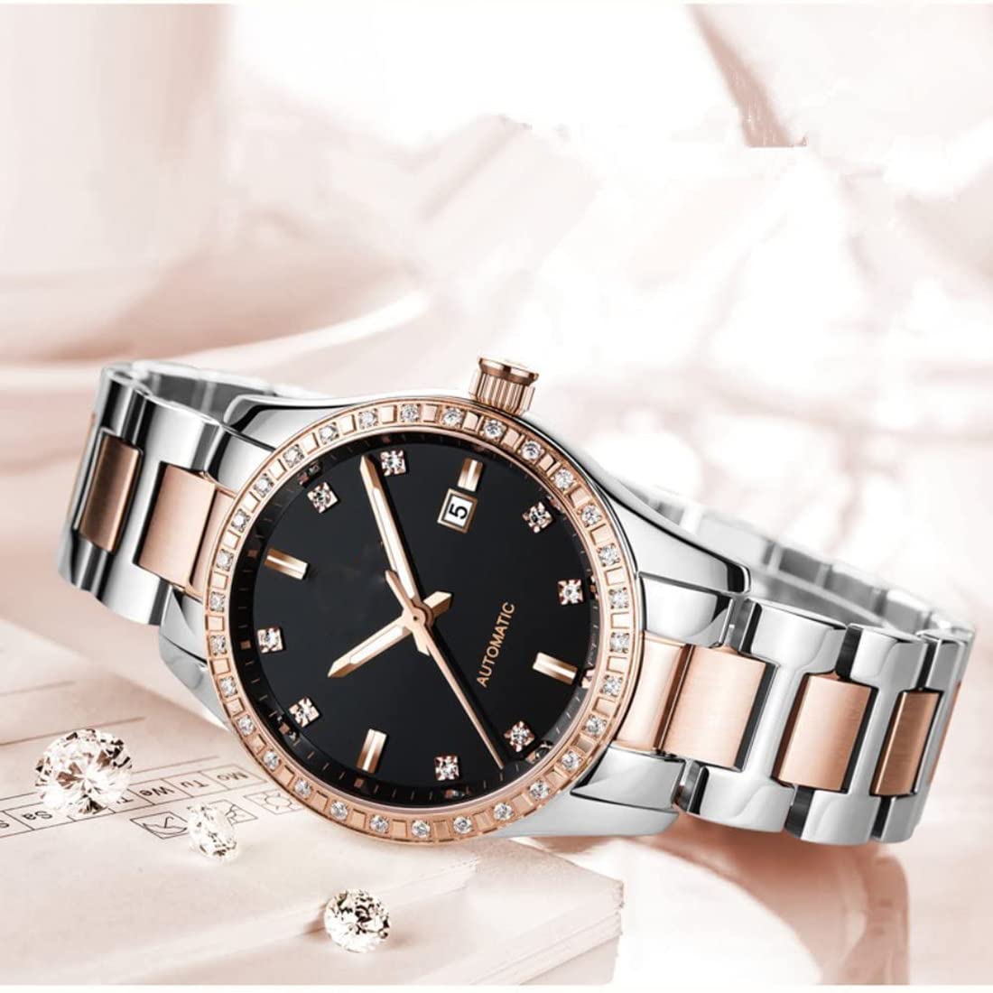 Automatic Self-Winding Couple Watches Set - Luxury Stainless Steel His & Hers Matching Watches with Calendar Date Display - Perfect Anniversary, Wedding, and Valentine's Day Gifts for Couples