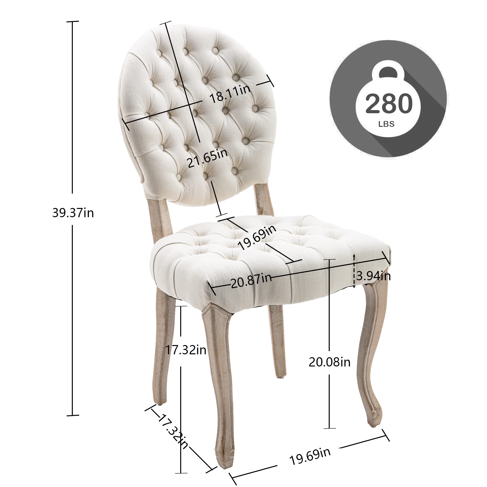 Yoluckea Mid-Century Modern Tufted Dining Chairs Set of 2 - Upholstered French Style Oval Back Chairs with Solid Wood Legs, Traditional Linen Fabric Kitchen & Dining Room Chairs for Dinner Table, Meeting Table, Breakfast Nook & Home Office