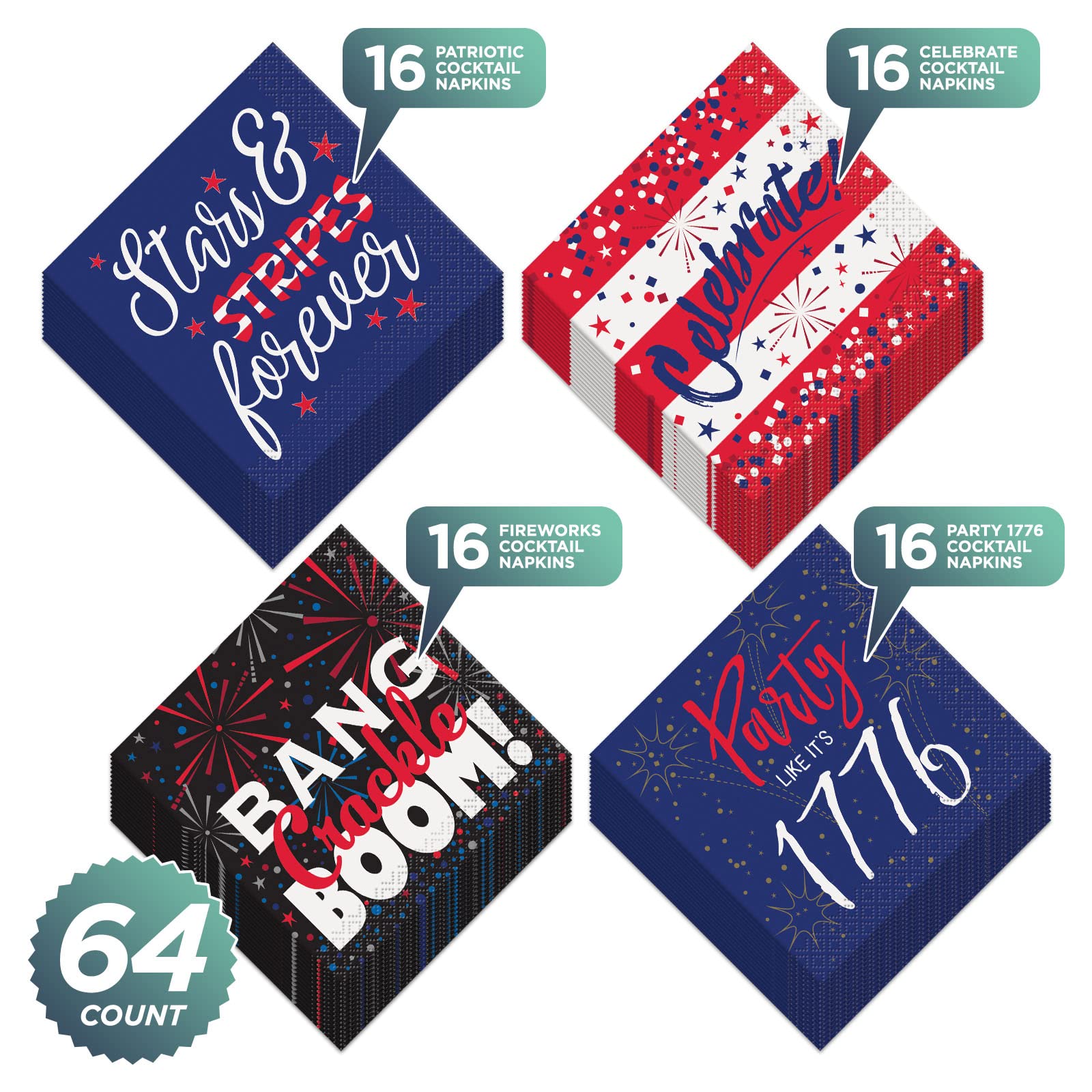 Red White and Blue Patriotic Cocktail Napkins - Set of 64 Beverage Napkins with 4 Americana Designs | Perfect for 4th of July Parties, Memorial Day BBQs & Independence Day Celebrations