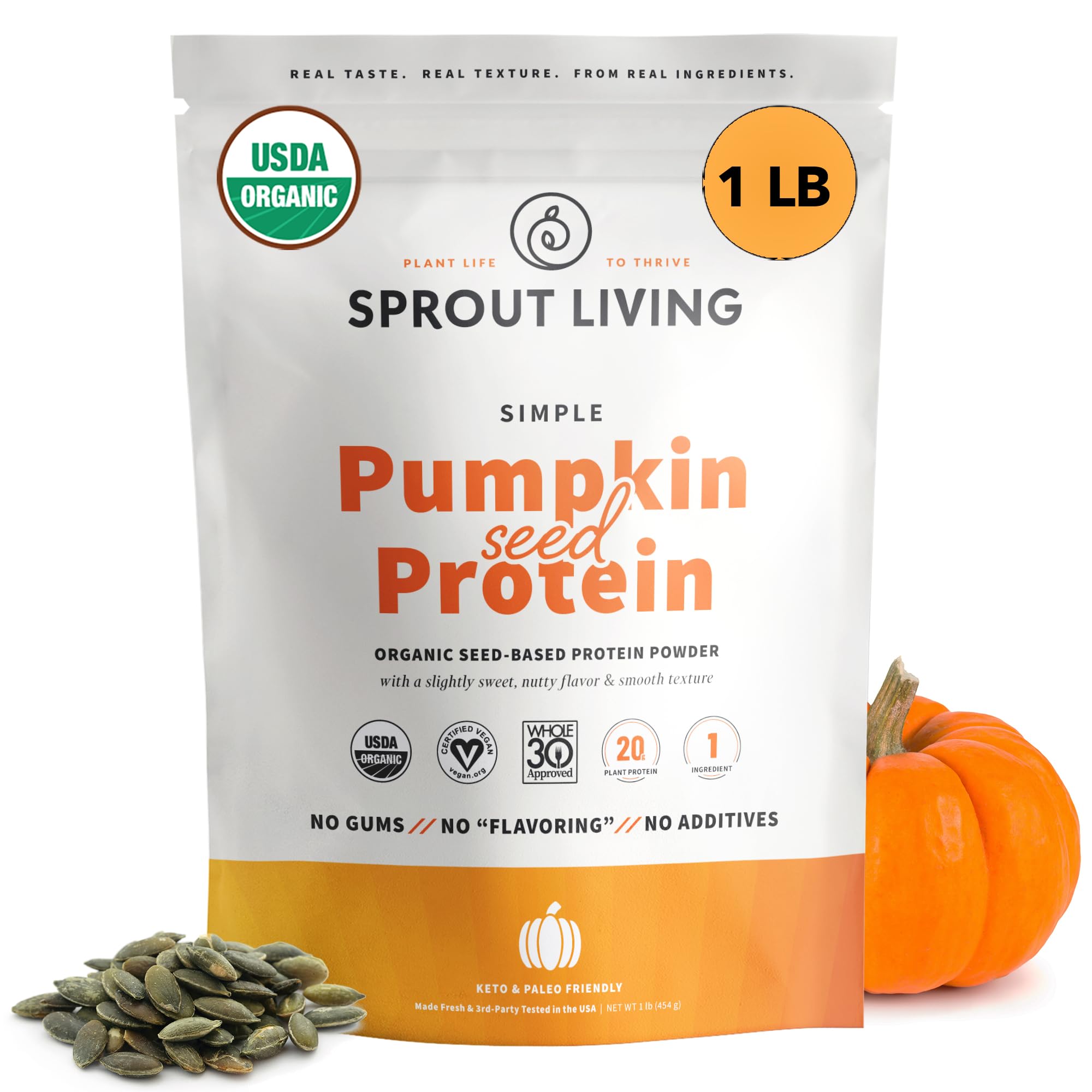 Sprout Living Organic Pumpkin Seed Protein Powder - 20g Plant-Based Vegan Protein, Non-GMO, Gluten-Free, Dairy-Free, No Artificial Sweeteners, Keto-Friendly (1lb) - Perfect for Smoothies, Baking & Post-Workout Recovery