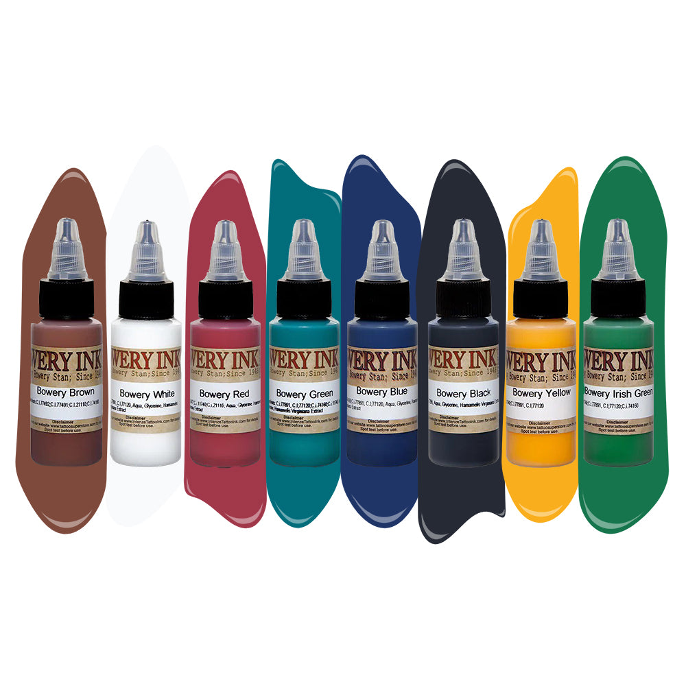Bowery Ink 1oz Set - Professional Intenze Tattoo Ink - 8 Bottles for Tattoo Artists & Body Art Professionals - Perfect for Studio Work & Permanent Makeup