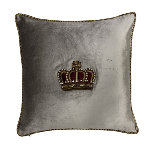 Luxury Crown Cushion with Premium Feather Inner - Platinum Color Hand Embroidered Pillow for Sofa, Bed, Wedding Decor & Home Accessories