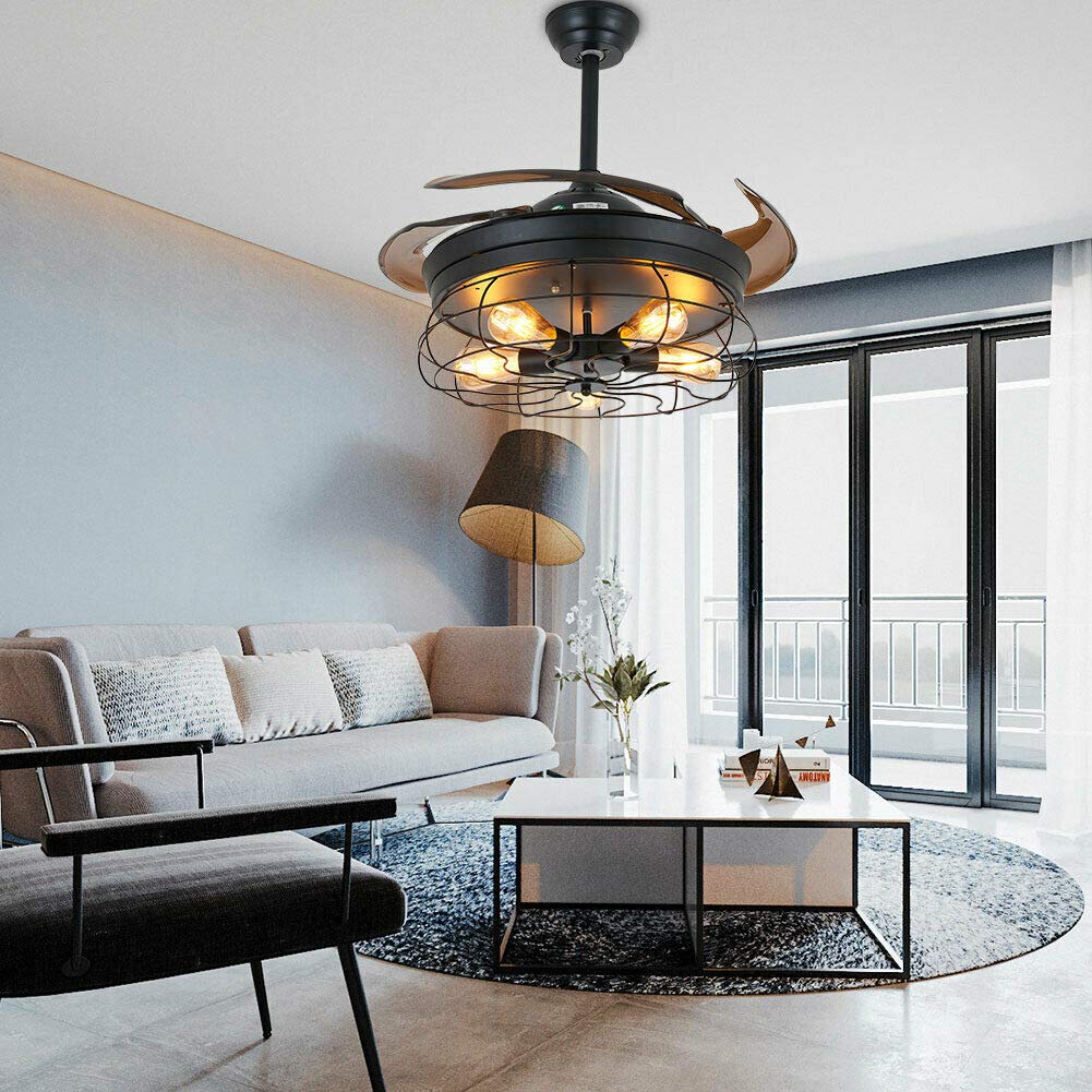Vintage Industrial Ceiling Fan with Light - 42 Inch Black Retractable Blade Cage Chandelier Fan with Remote Control (Bulbs Not Included) - Perfect for Farmhouse, Loft & Industrial Style Home Decor
