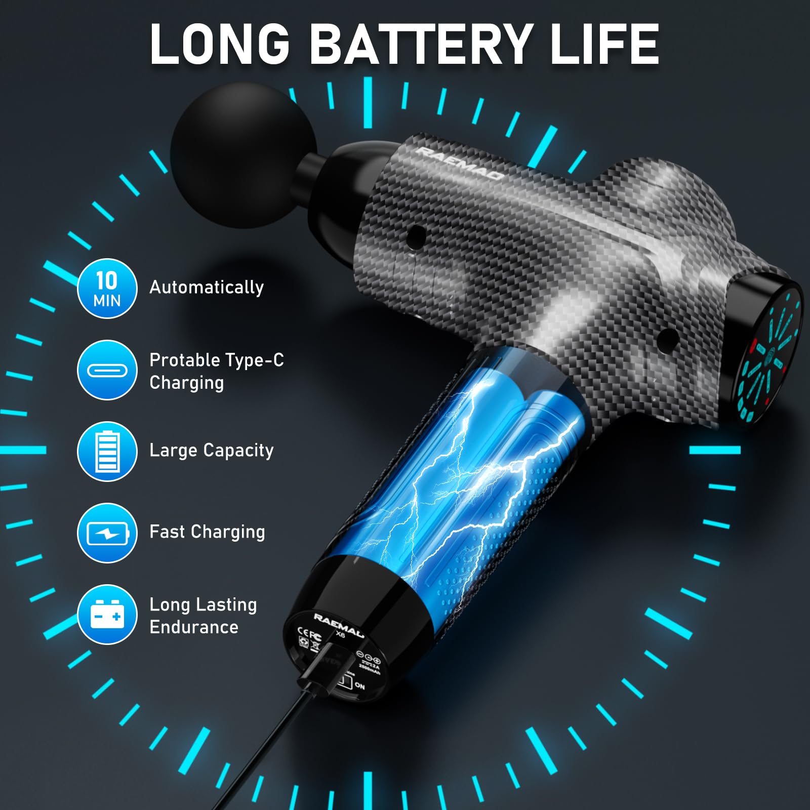 RAEMAO Deep Tissue Massage Gun for Athletes - Handheld Electric Percussion Muscle Massager with 10 Speed Levels & 8 Interchangeable Heads - Relieves Muscle Pain, Soreness & Tension - Perfect for Post-Workout Recovery, Physical Therapy & Home Relaxation