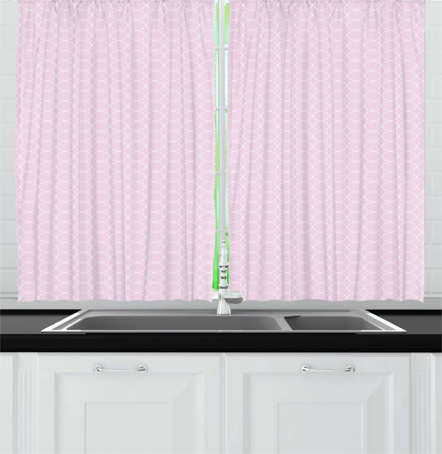 Ambesonne Eastern Kitchen Curtains Set of 2 Panels - Thin Line Oriental Motif Pastel Backdrop Window Drapes for Kitchen & Cafe Decor, 55
