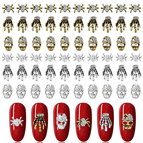 JERCLITY 60pcs 3D Halloween Nail Charms - Gold & Silver Nail Art Studs with Spider Skull Skeleton Designs - Halloween Nail Decoration Supplies for Women - Perfect for Halloween Parties, Costume Nails and Spooky Nail Art