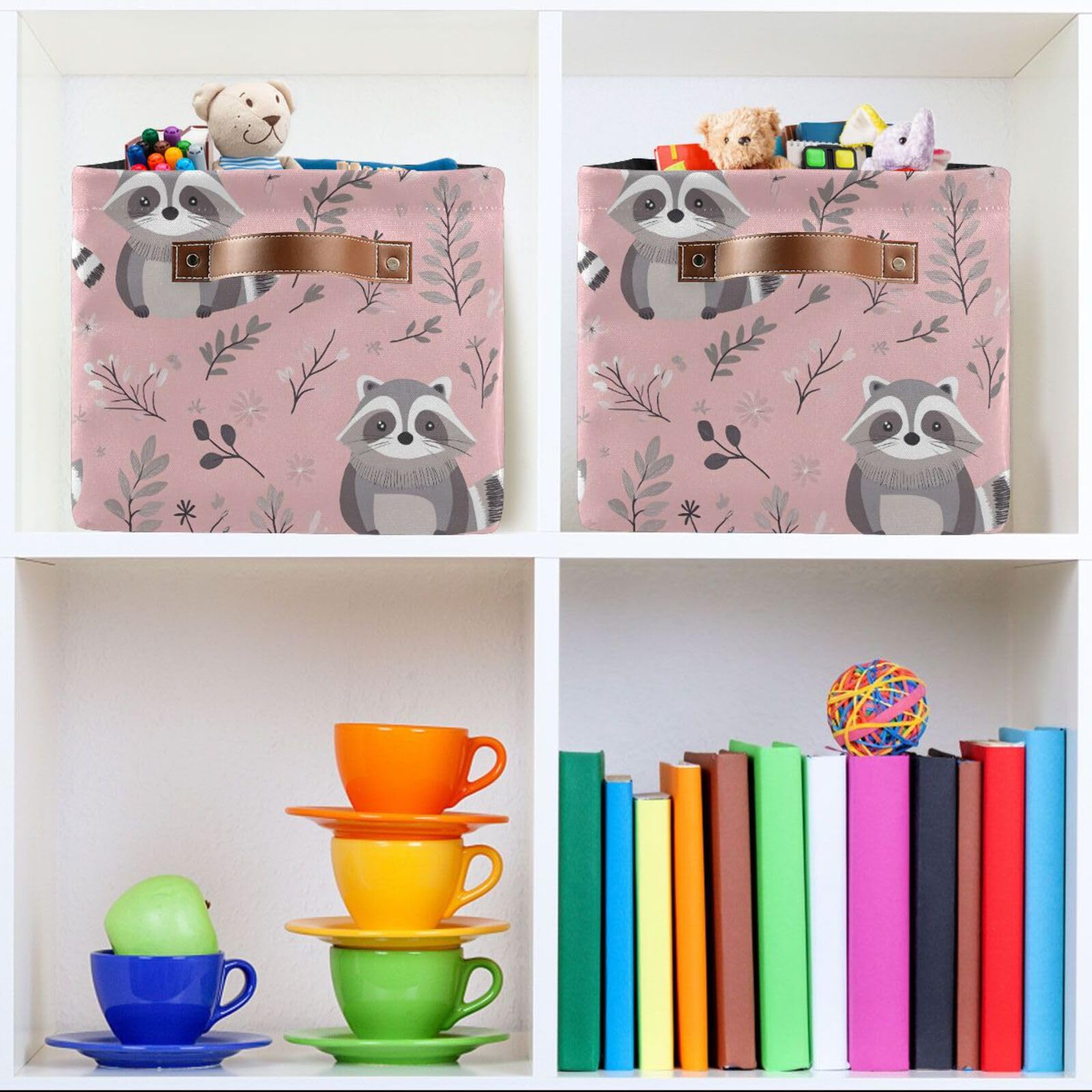 Cute Raccoon Storage Basket 2 Pack - Collapsible Canvas Rectangular Bin with Leather Handles for Closet, Office, Nursery | Home Organization & Decor for Kids Room, Laundry, Bathroom Storage