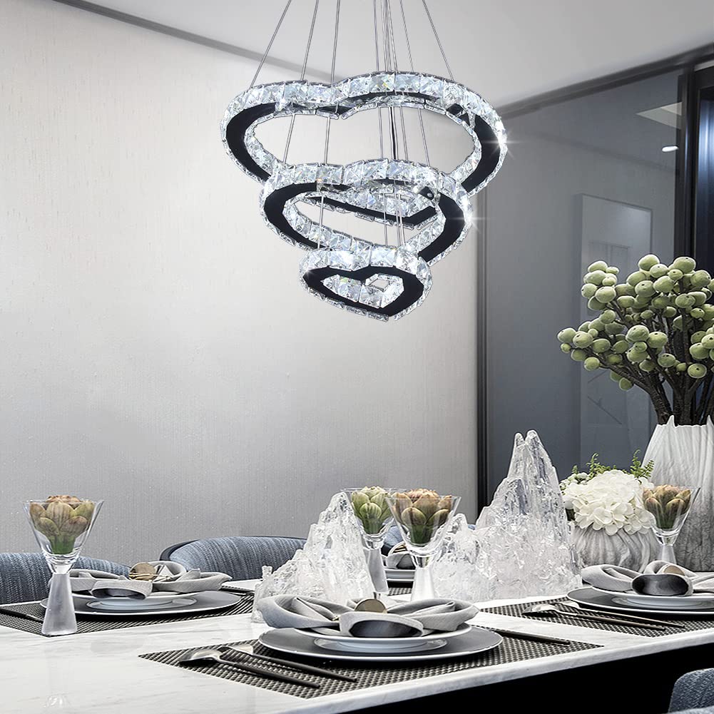 Winretro Modern 3 Ring Crystal Heart LED Chandelier - Stainless Steel Chrome Pendant Light Fixture for Ceiling - Elegant Lighting for Living Room, Dining Room, Kitchen & Bedroom | Perfect for Romantic Dinners, Home Decor & Wedding Venues