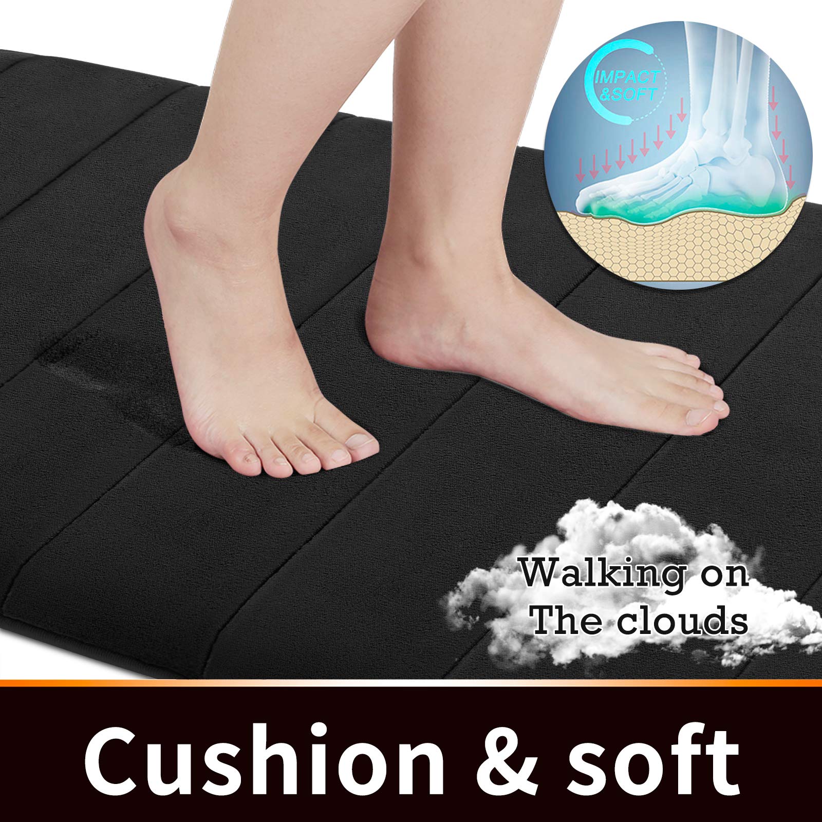 Yimobra Memory Foam Bath Mat - 24x17 Inch Non-Slip Super Absorbent Quick Dry Bathroom Rug - Soft Thick Machine Washable for Shower Tub & Floor - Perfect for Bathroom Safety & Comfort (Black)