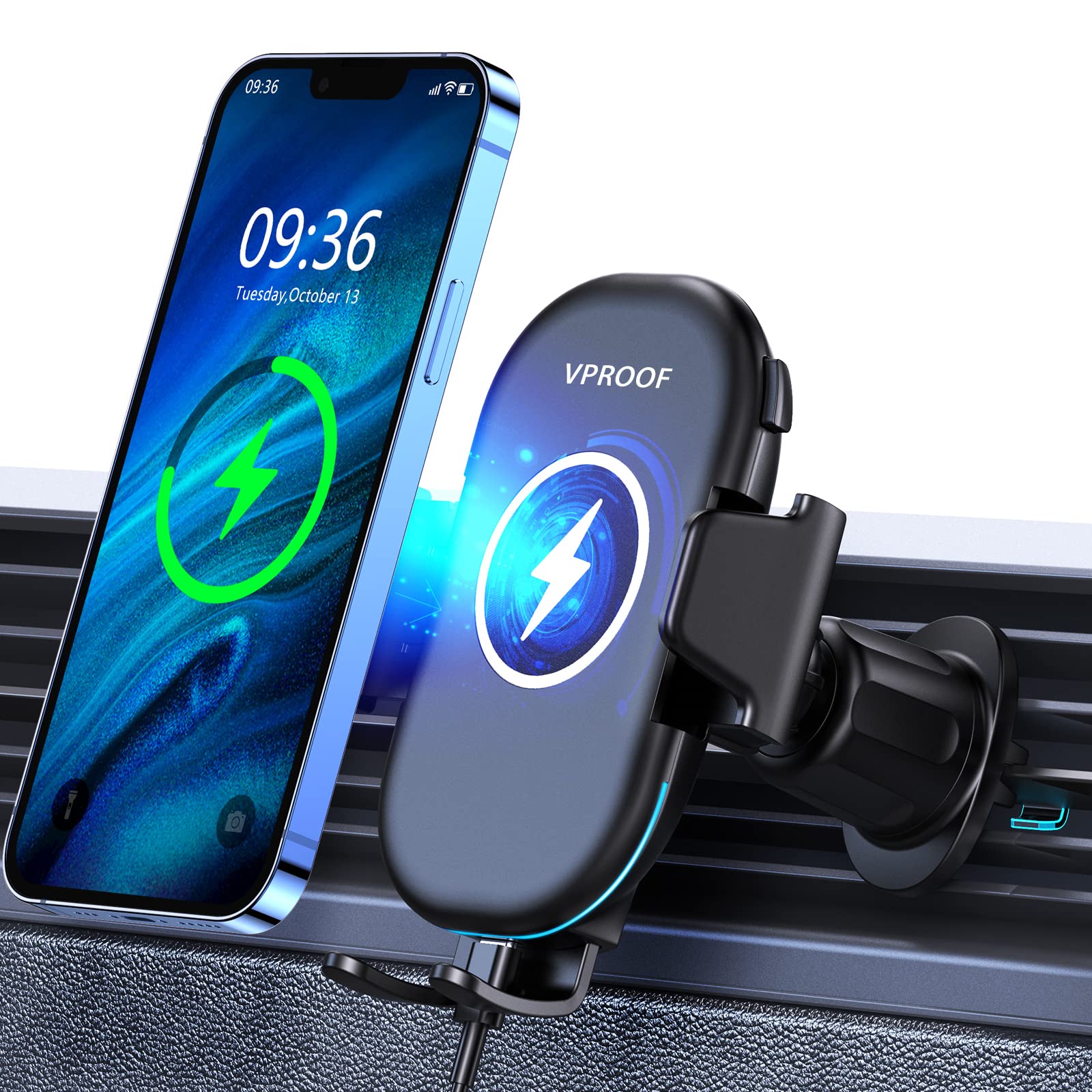 VPROOF Max 15W Fast Qi Wireless Car Phone Holder with Charging - 360° Rotation Anti-Slip Design for iPhone & Android (5.4