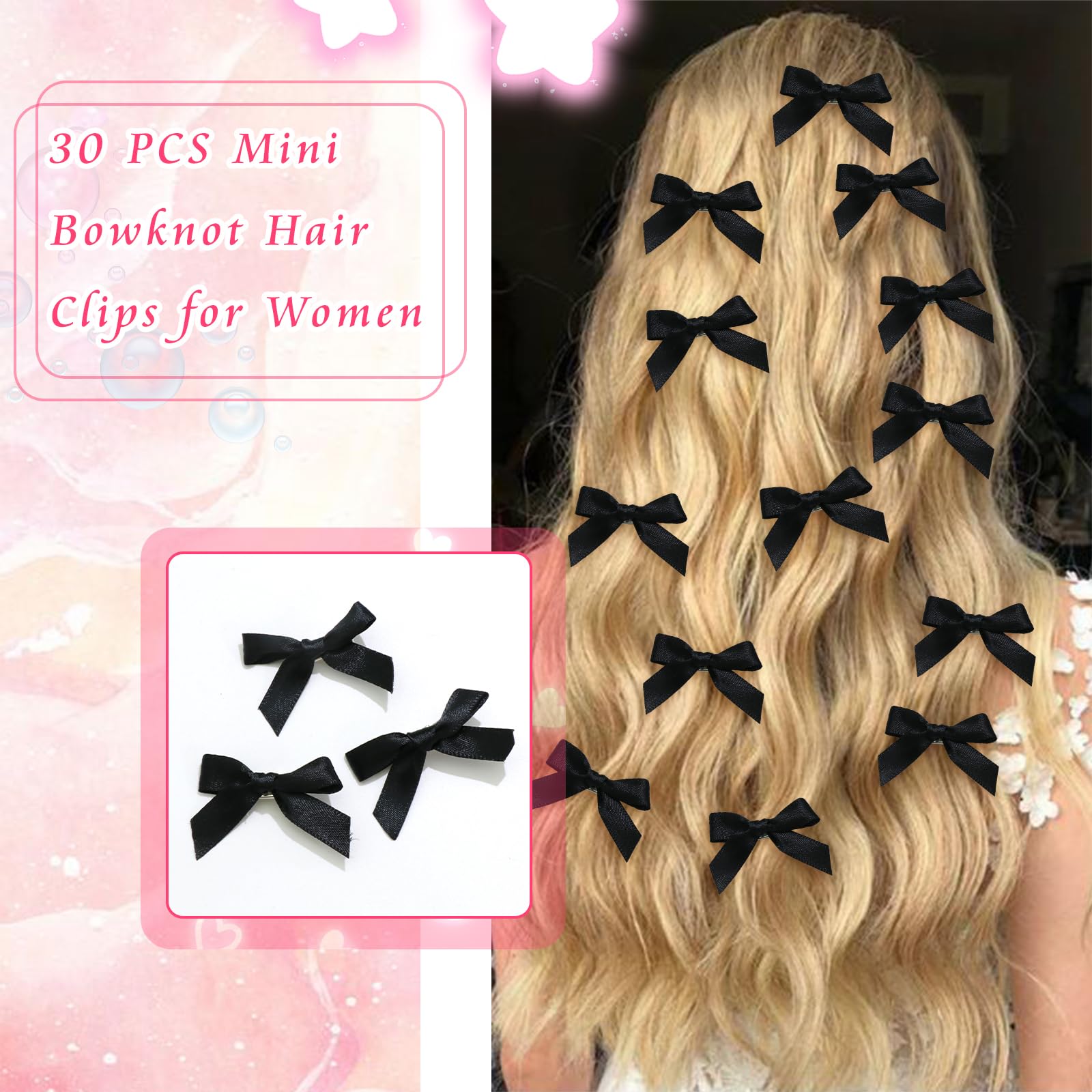 30PCS Pink Satin Bow Hair Clips for Women & Girls - Non-Slip Mini Hair Barrettes, Cute Hair Accessories for School, Parties, Weddings & Daily Styling