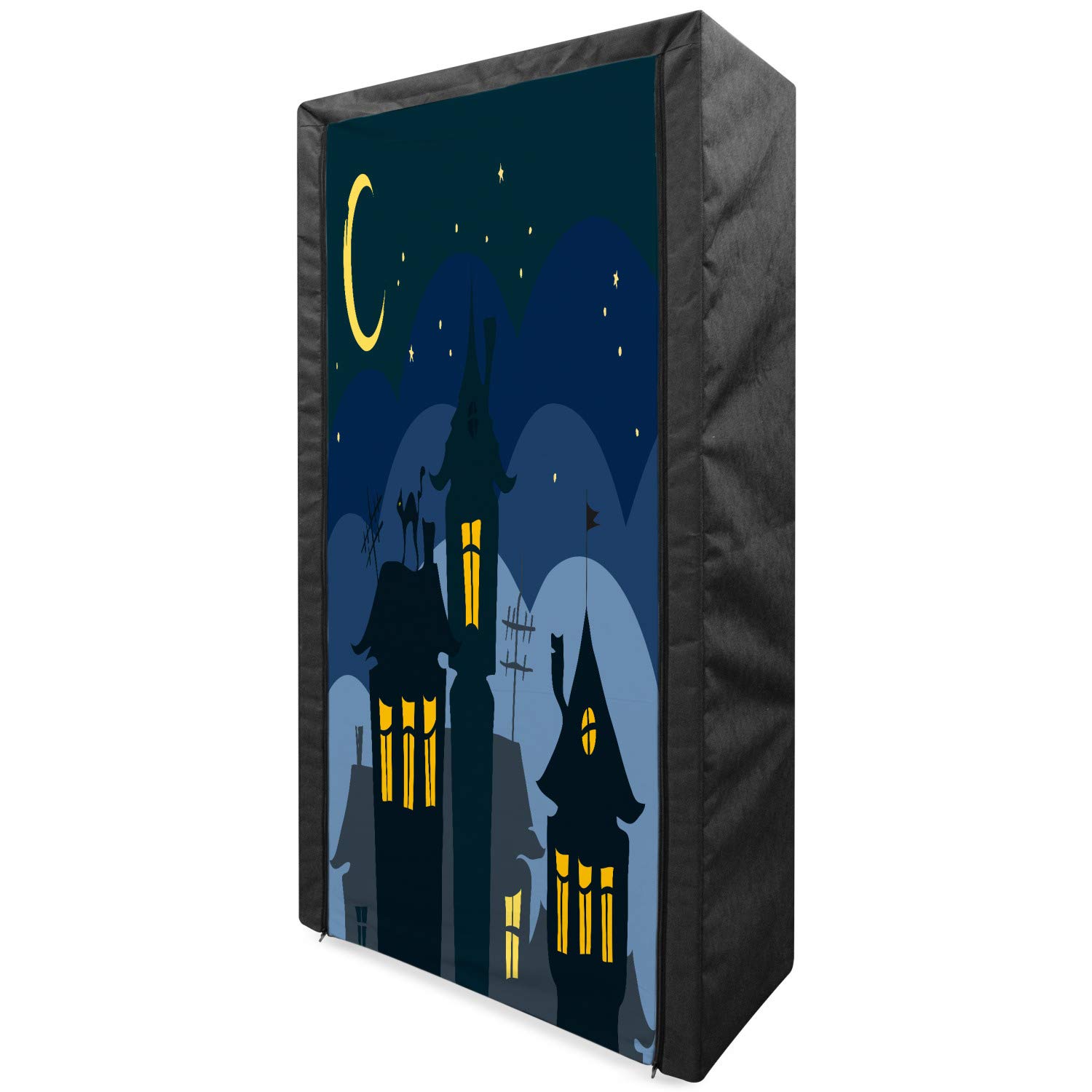 Ambesonne Halloween Fabric Wardrobe - Portable Closet Organizer with Shelves, 33.5 Inch, Black Yellow Blue - Old Town Cartoon Art Design Featuring Cat on Roof, Moon & Stars - Perfect for Seasonal Storage, Costume Organization & Small Space Living