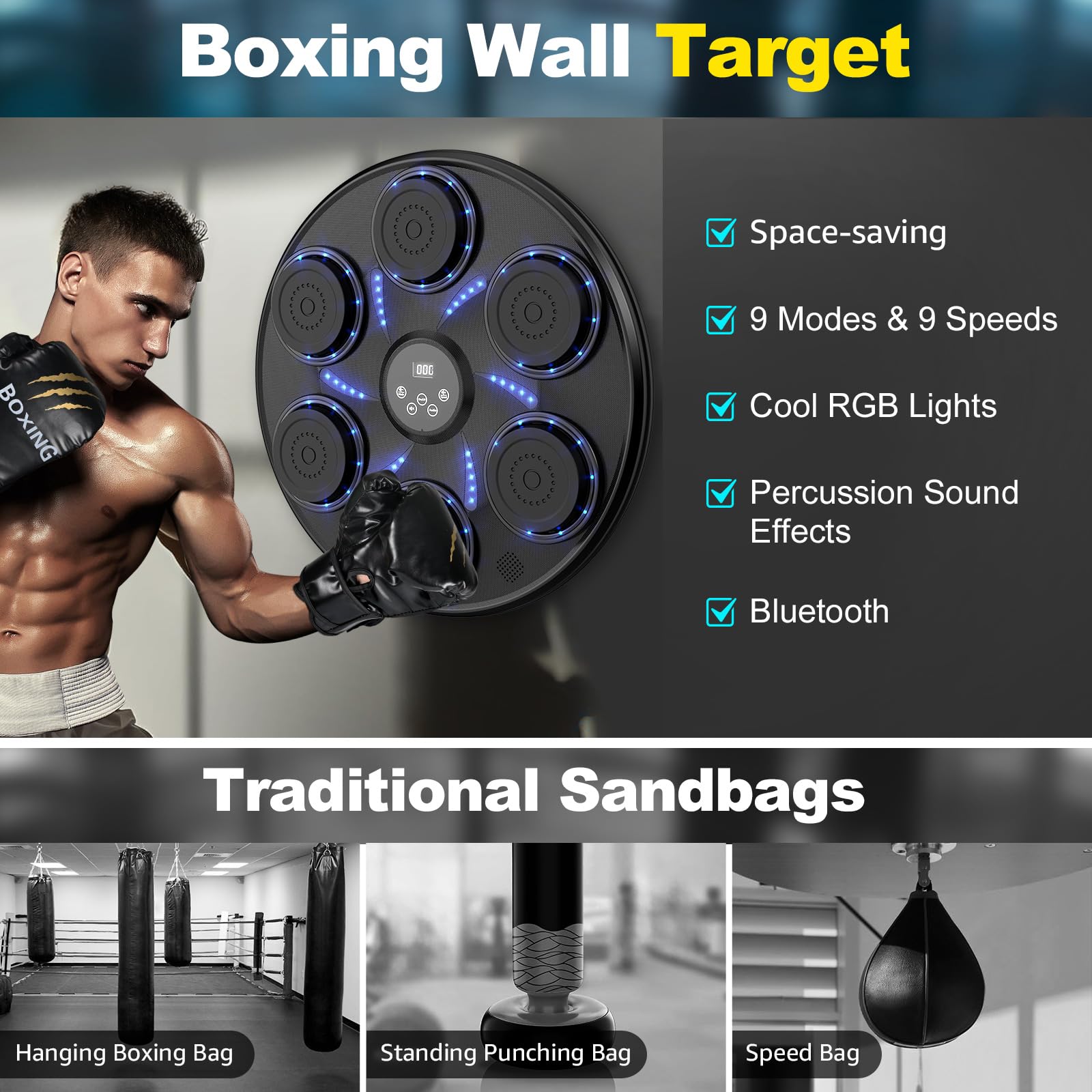 Bluetooth Music Boxing Machine for Adults & Kids - Smart Wall Mount Punching Bag with Gloves, Home Gym Equipment for Indoor Workouts | Perfect for Fitness Training, Stress Relief & Family Fun