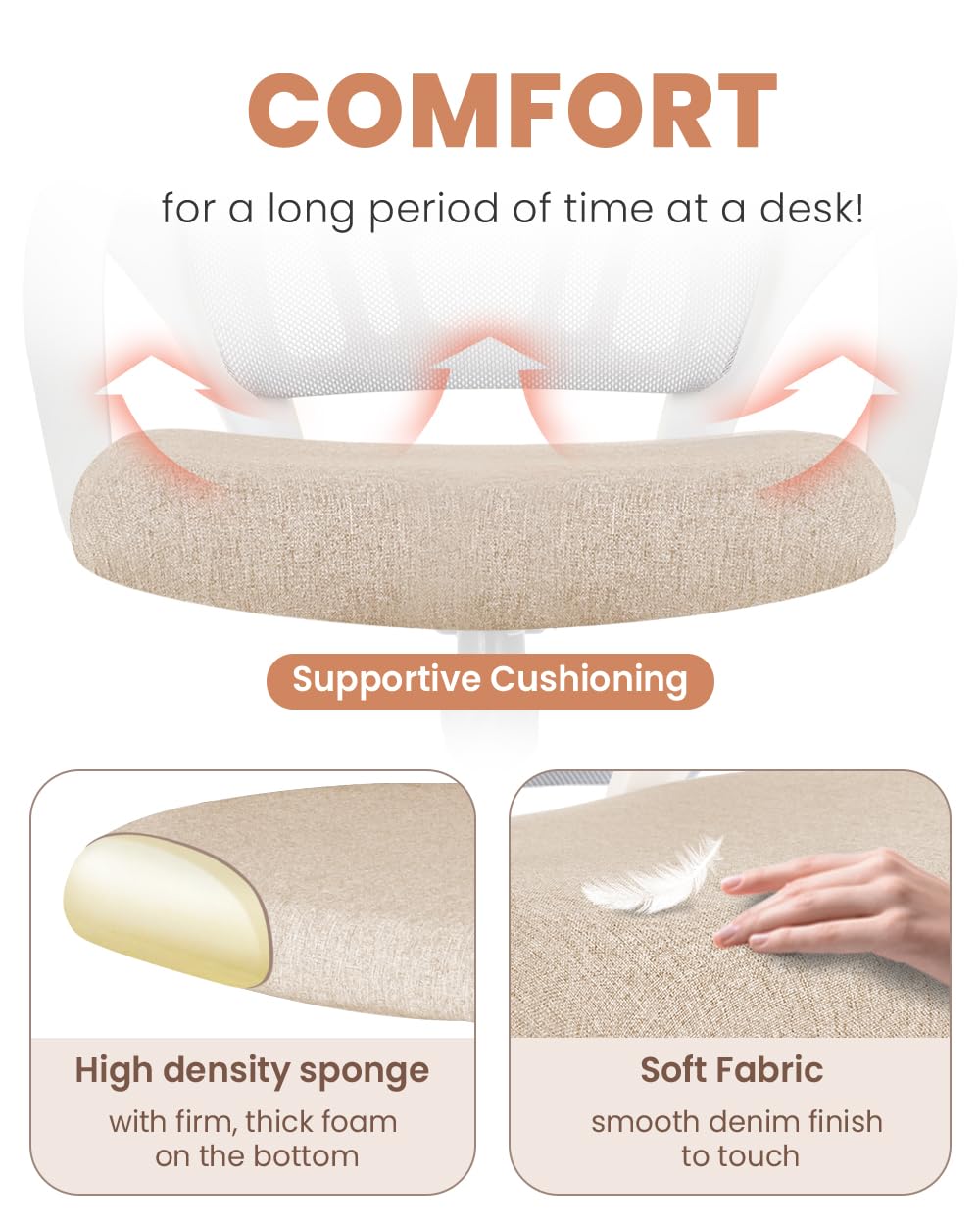 Ergonomic Office Chair with Lumbar Support - Adjustable Mesh Computer Desk Chair for Home & Gaming - Mid Back Cushion Swivel Rolling Task Chair (Beige) | Perfect for Long Work Hours, Online Gaming & Home Office Use