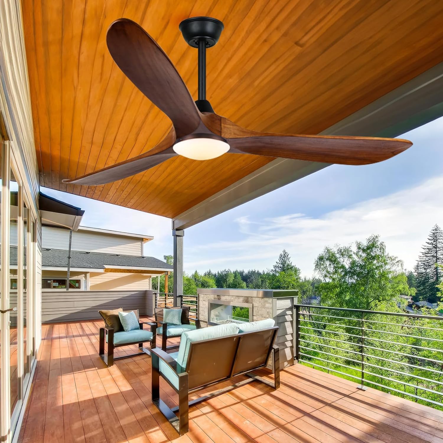 60 Inch Rustic Farmhouse Ceiling Fan with Light and Remote - 3 Blade Wood Outdoor Ceiling Fan, Damp Rated for Indoor/Outdoor Use - Perfect for Porch, Gazebo, Patio, and Living Room