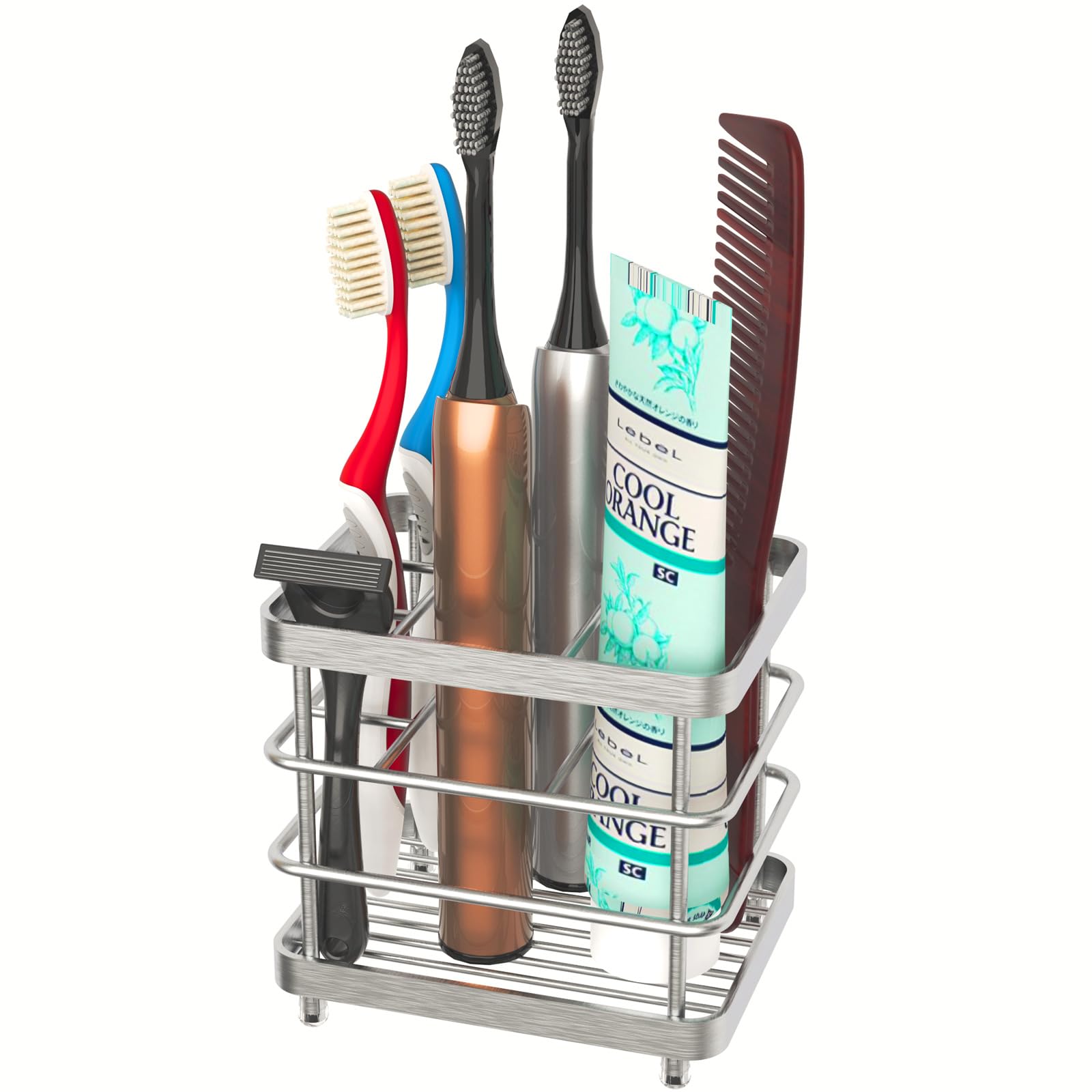 Stainless Steel Toothbrush Holder with 5 Slots - Bathroom Organizer for Electric Toothbrush & Toothpaste Storage - Countertop Organizer for Bathroom, Kitchen, or Travel (Silver) - Perfect for Small Spaces & Clutter-Free Vanity