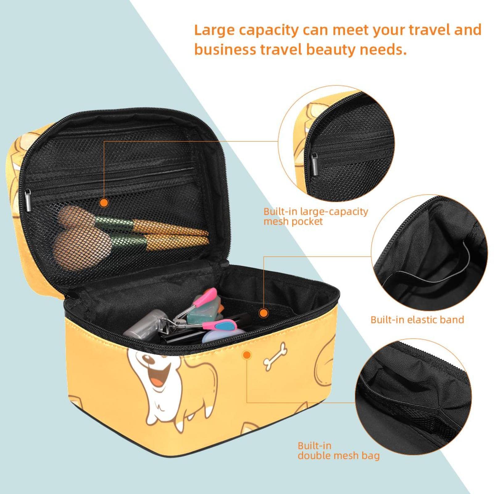 Funny Cartoon Corgi Bones Pattern Makeup Bag - Waterproof Travel Cosmetic Pouch for Women & Girls - Zippered Makeup Organizer for Toiletries, Brushes & Accessories - Perfect for Travel, Gym & Daily Use