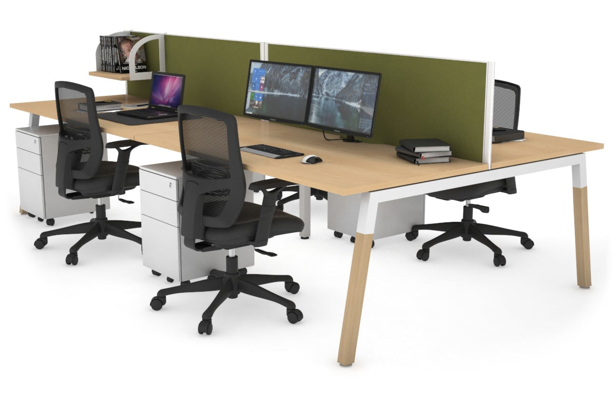 Quadro A Legs 4-Person Office Workstation with Wood Legs & Cross Beam - 1600L x 800W Dimensions with Cable Management Scallop | Perfect for Collaborative Workspaces, Home Offices & Shared Workstations