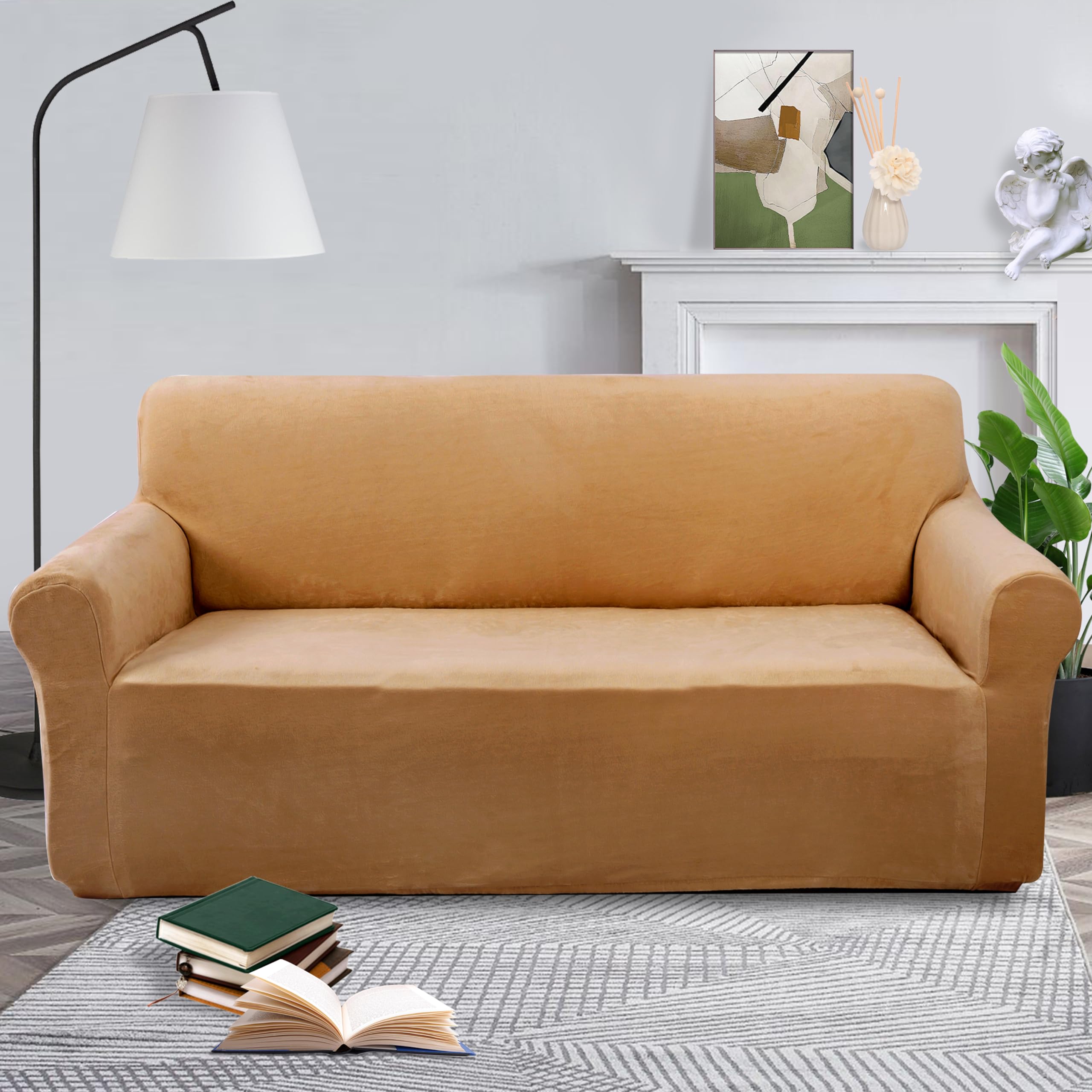 U-NICE HOME Velvet Stretch Loveseat Sofa Cover - Furniture Protector Slipcover for Dogs, Medium Size, Camel Color - Perfect for Pet Owners & Home Decor