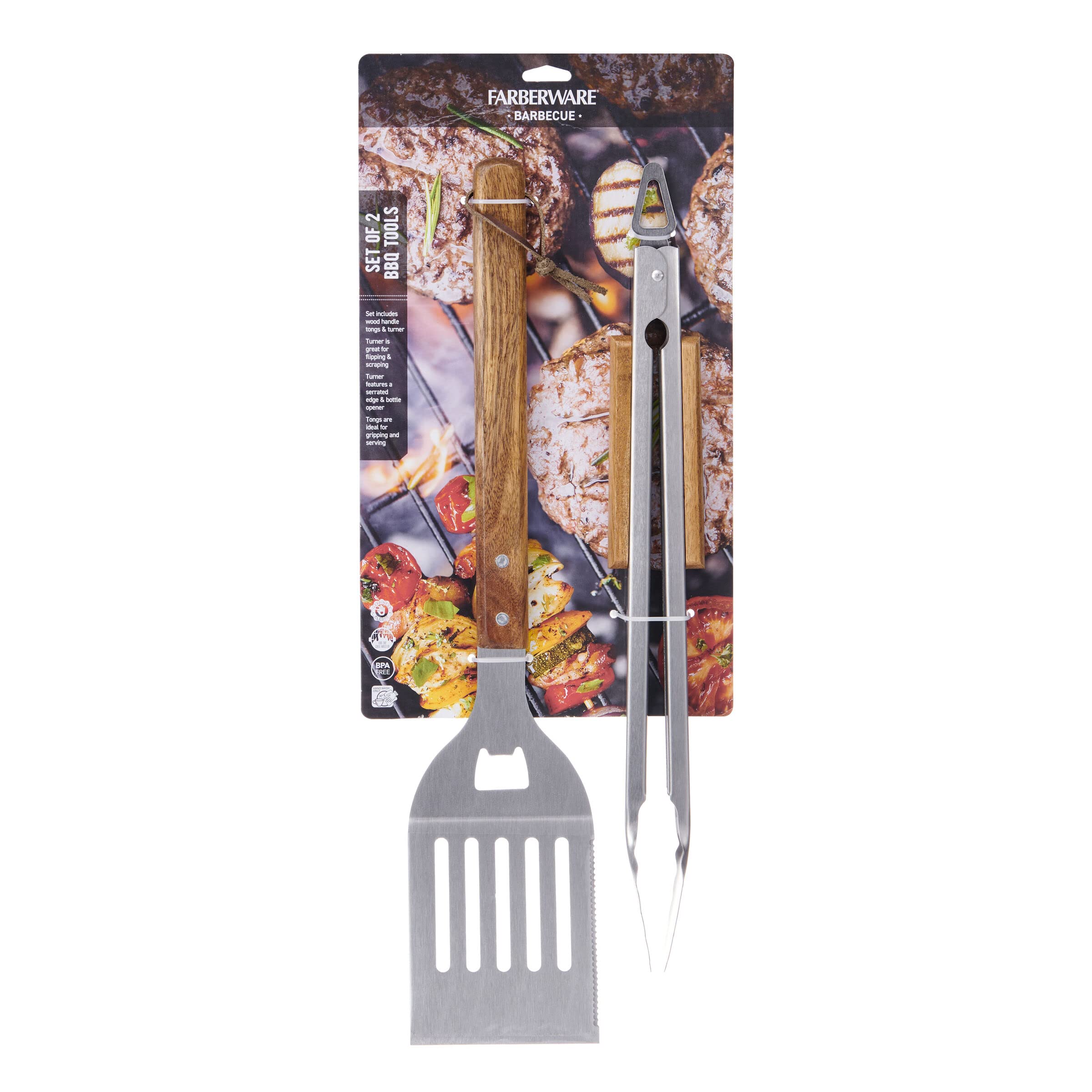 Farberware BBQ Wooden Grill Tools Set of 2 - Premium Wood Handle & Stainless Steel - Perfect for Outdoor Grilling, Backyard BBQ & Camping Cooking
