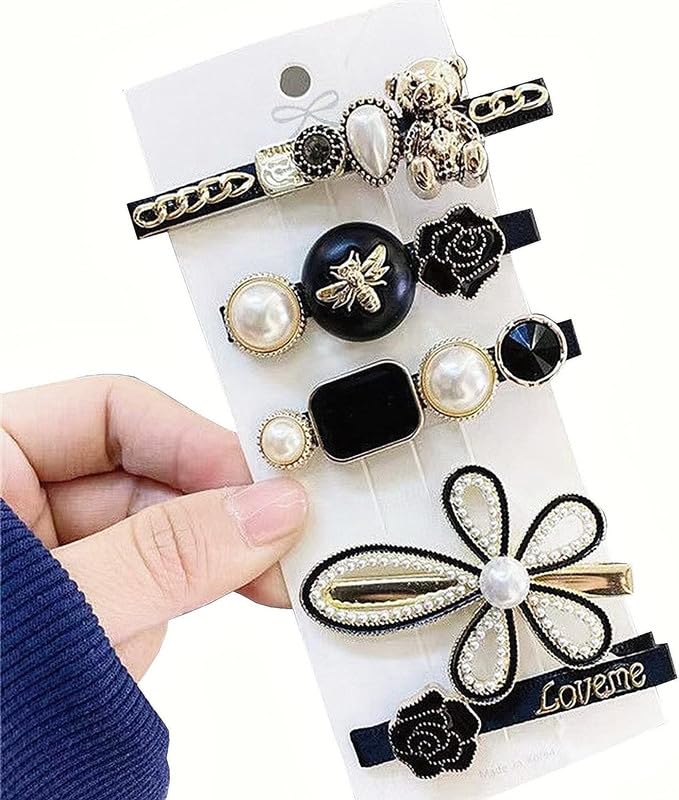 Staila 5 Pack Crystal Pearl Hair Clips for Women & Girls - Elegant Hair Accessories, Hair Pins, Salon Tools (Black & White) - Perfect for Christmas, Birthday Gifts & Special Occasions