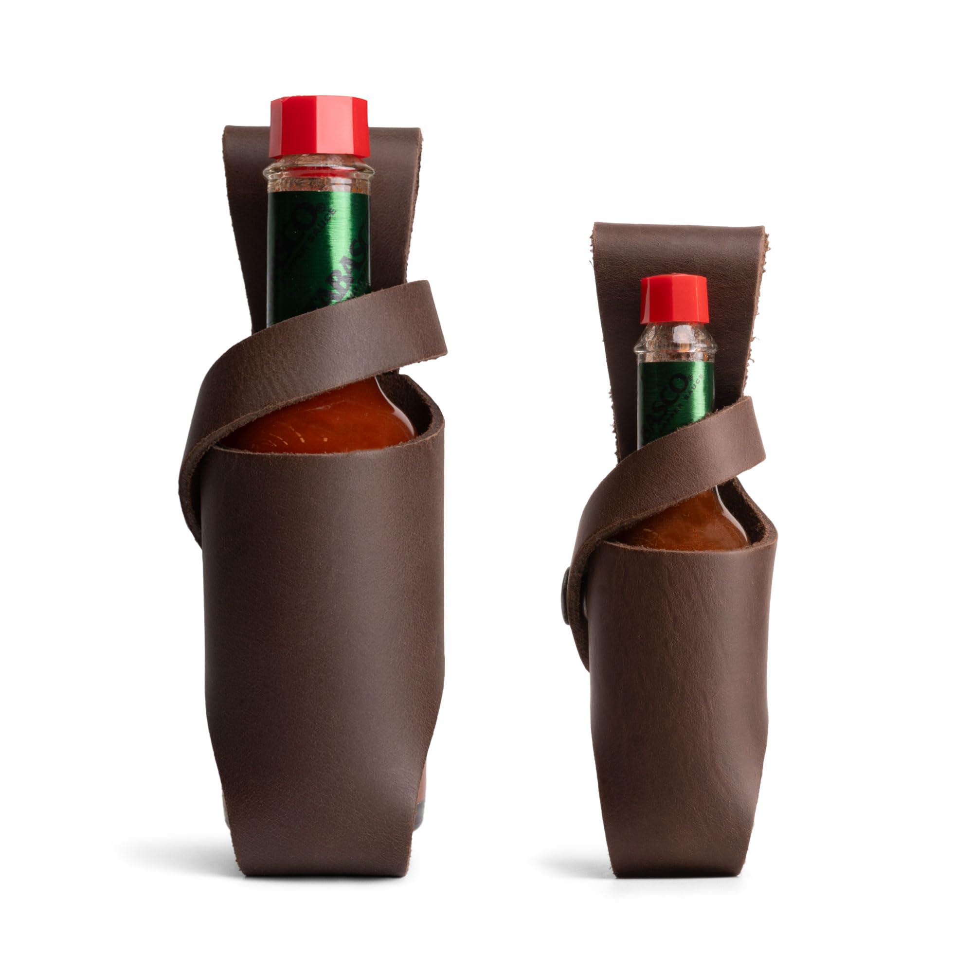 Premium Handmade Full Grain Leather Hot Sauce Holster Set (5oz & 2oz) - Compatible with Tobasco, Cholula, Sriracha - Durable Bottle Belt Sheath for Camping, BBQ, Hiking & Outdoor Cooking Accessories