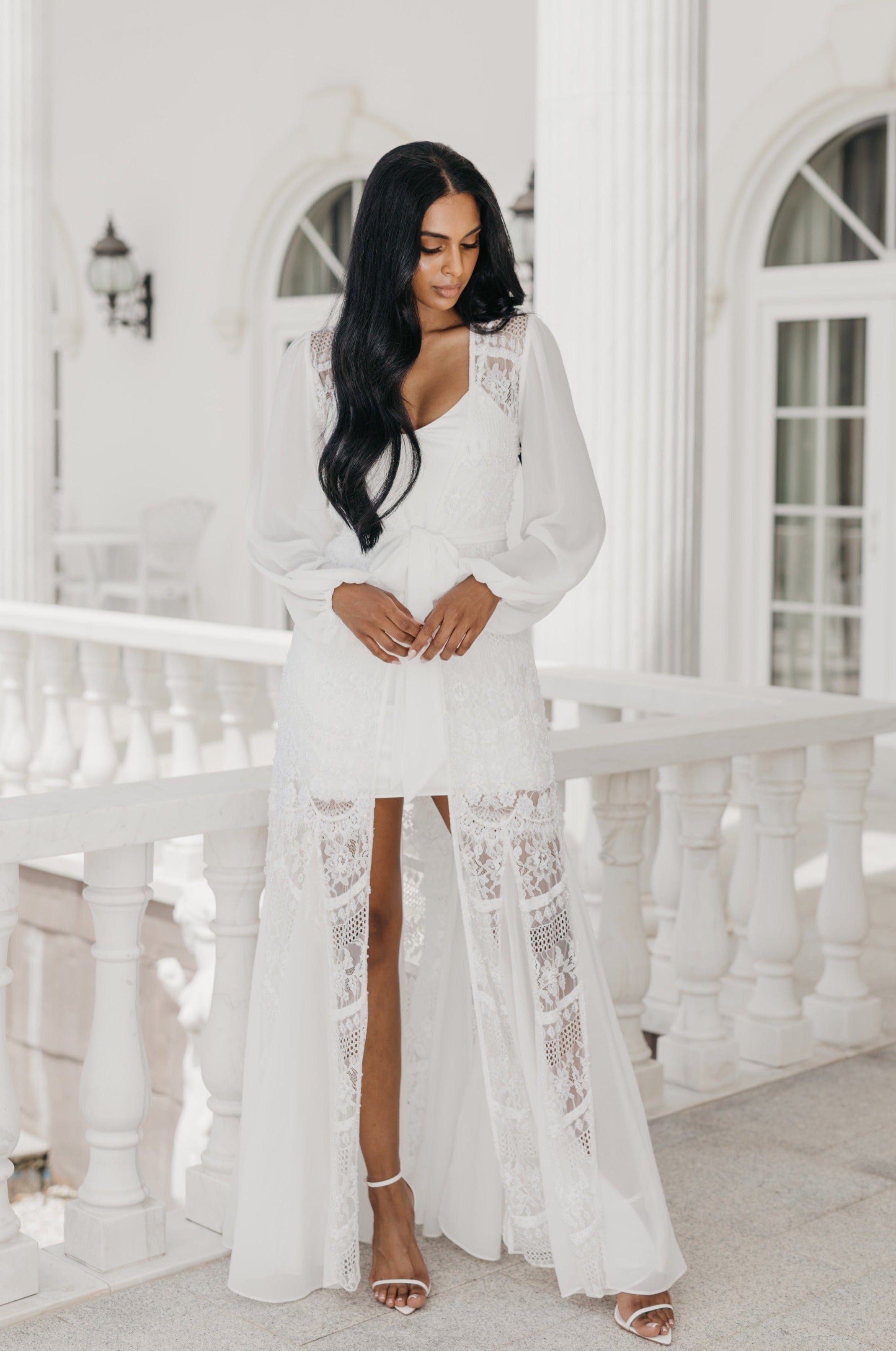 Elegant Hand-Beaded Pearl Maxi Bridal Robe with Slip - Perfect for Wedding, Bridal Shower & Honeymoon Getaway