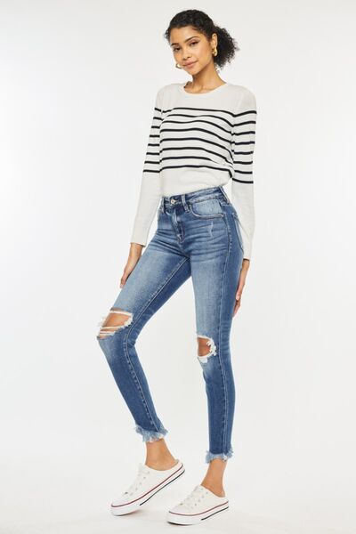 Kancan Women's High Waist Distressed Raw Hem Ankle Skinny Jeans - Trendy Ripped Denim Pants for Casual Wear, Night Out & Street Style Fashion