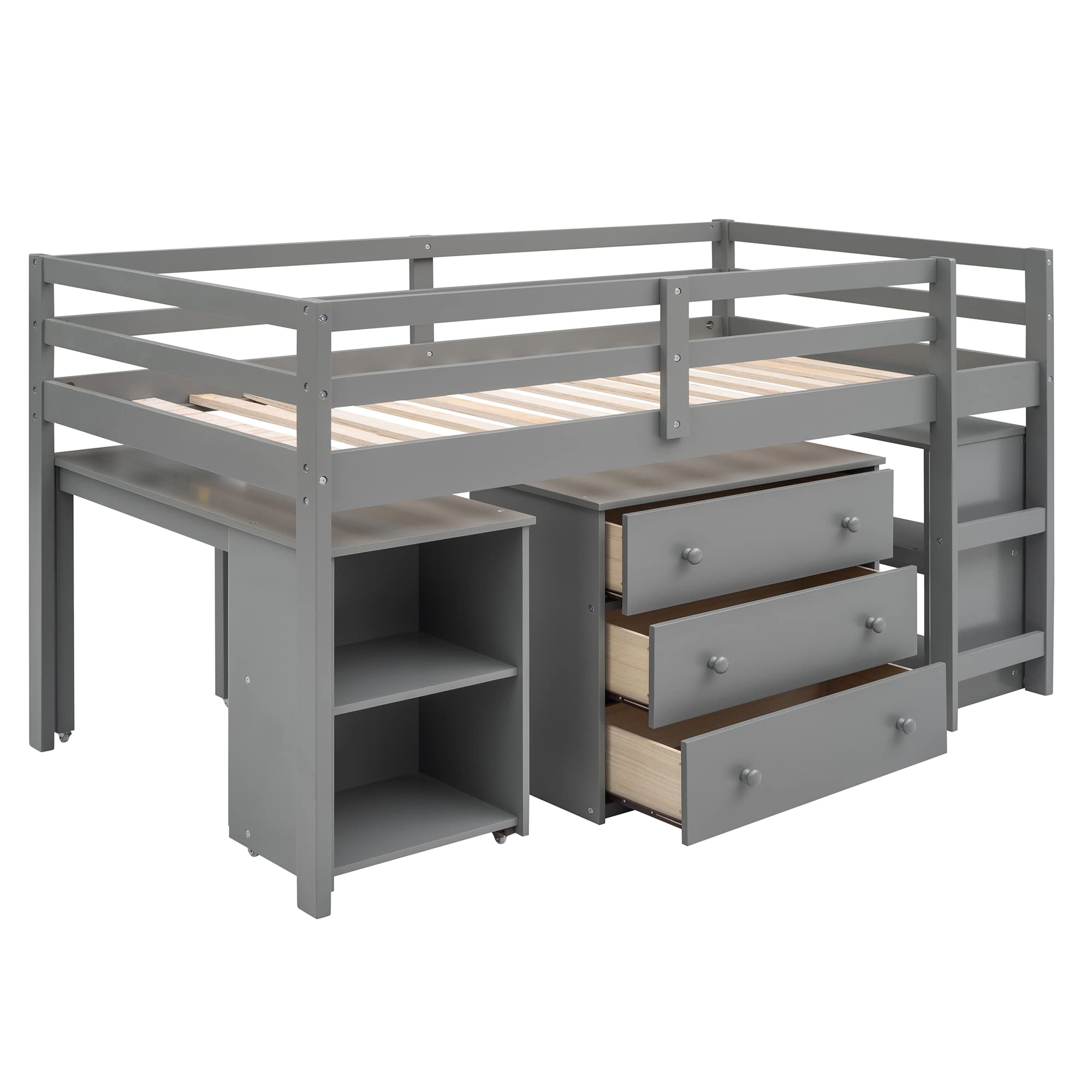 **Twin Size Wood Loft Bed with Rolling Study Desk & Storage - 3 Drawers & Cabinet for Teens & Adults, No Box Spring Needed, Gray - Perfect for Small Bedrooms, Dorms & Studio Apartments**