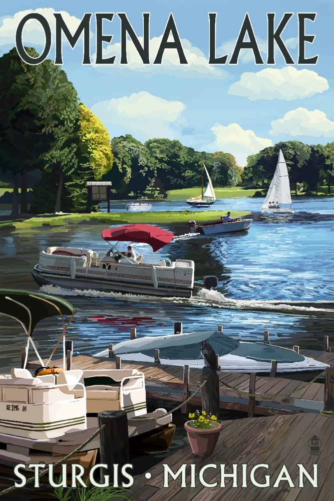 Sturgis Michigan Omena Lake Pontoon Boats 68540 - 24x36 Signed Art Print Wall Decor Poster | Lake House Decor, Man Cave Wall Art, Michigan Travel Memorabilia