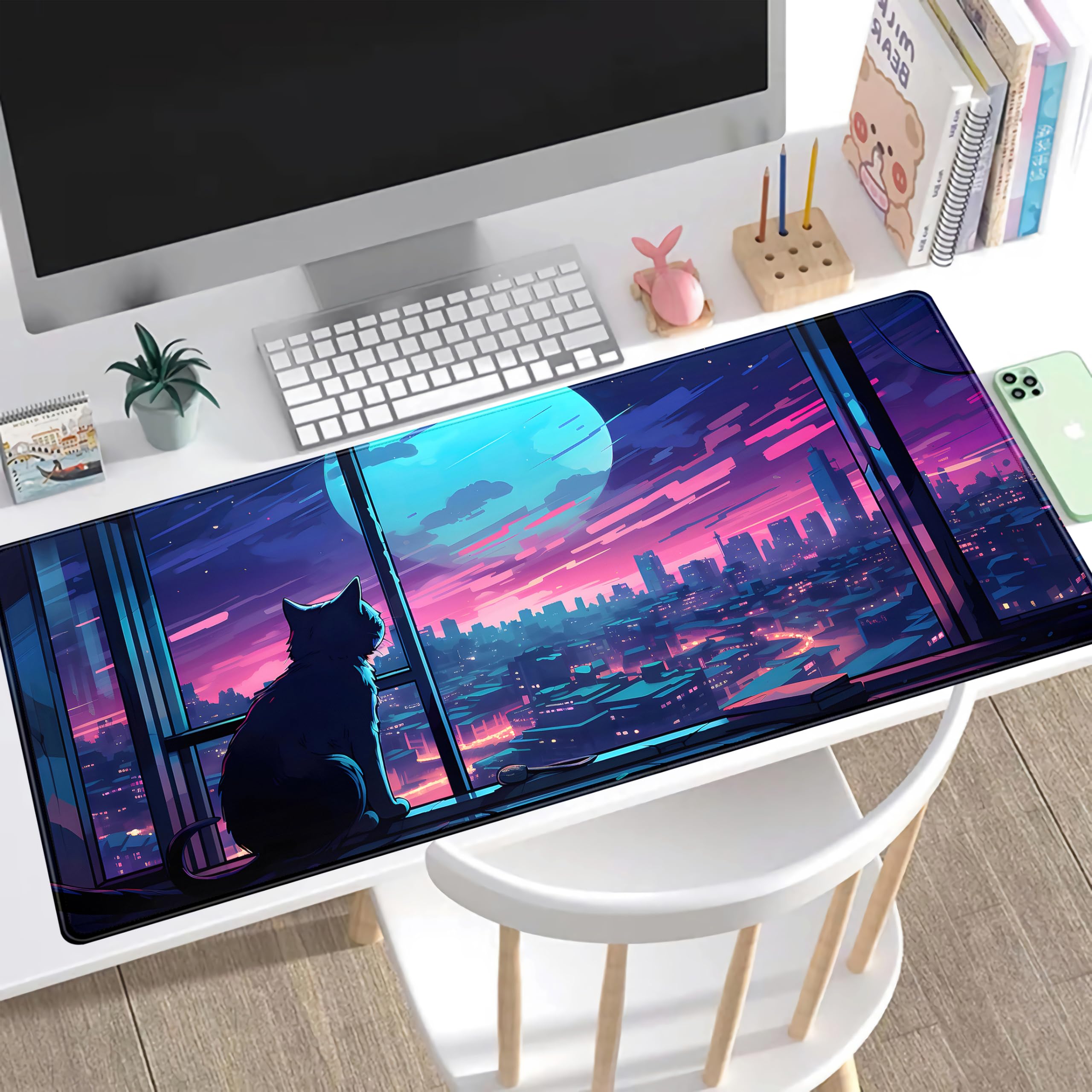 XXL Cute Purple Kawaii Anime Moon Cat Gaming Mouse Pad (31.5x15.75 in) - Large Non-Slip Desk Mat for Computer, Laptop, Keyboard & Mouse - Perfect for Gamer Girls, Women Office Decor & Anime Lovers - Ideal for Gaming Setups, Workstations & Home Office Desks